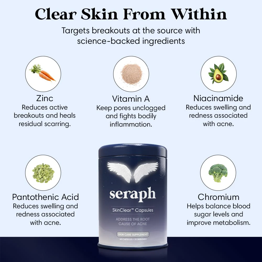 Seraph Acne Supplement - Hormonal Acne Pills Treatment - Pimple Supplements for Women - Skin Care Supplement for Teen, Men, & Adults - Made in USA - 60 Tablets - Image 7