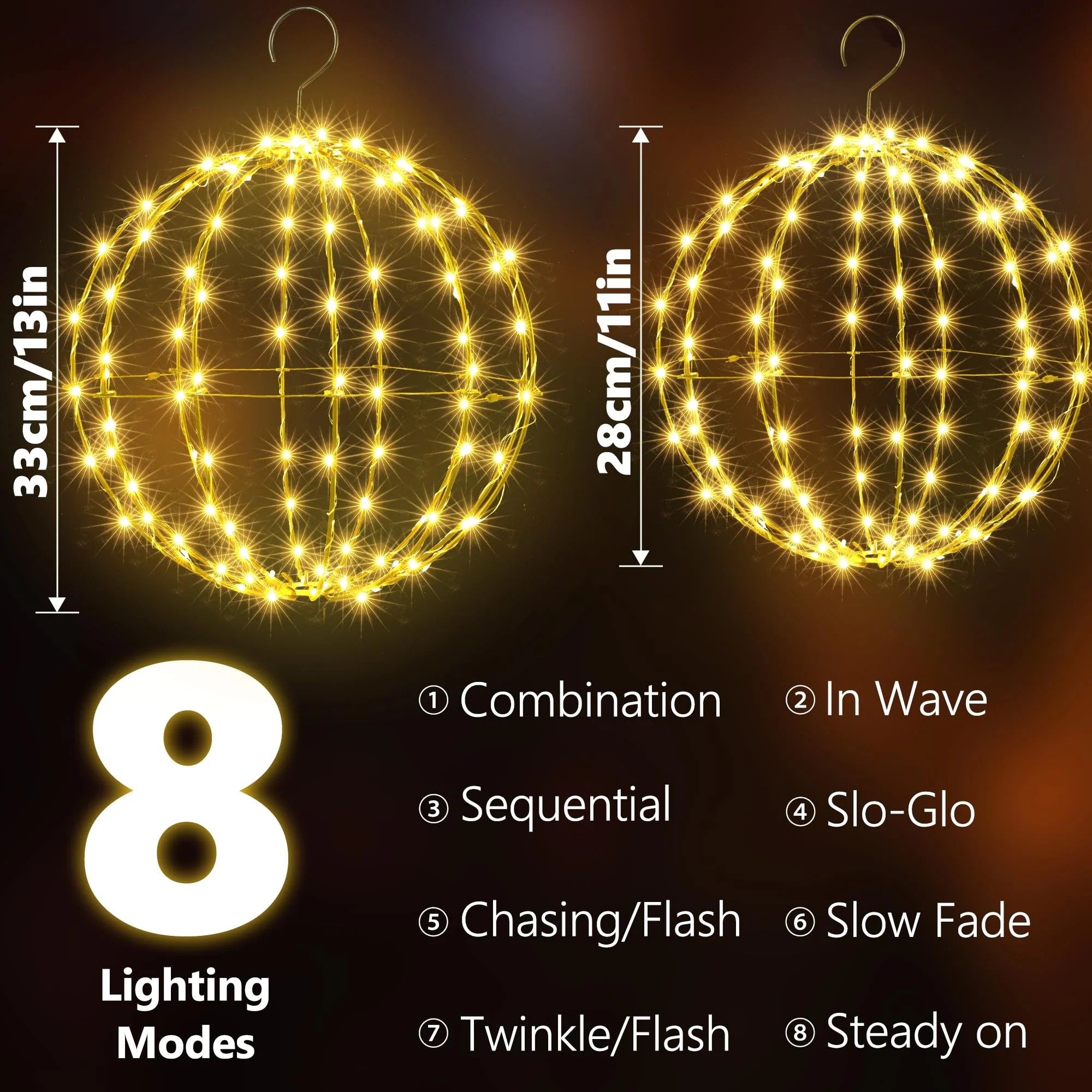 Set of 2 Outdoor Hanging Ball Lights - 2 Sizes of Christmas Battery Operated Garden Lanterns Waterproof Globe Fairy Lights with 8 Lighting Modes Timer Memory Function (Warm White) - Image 7