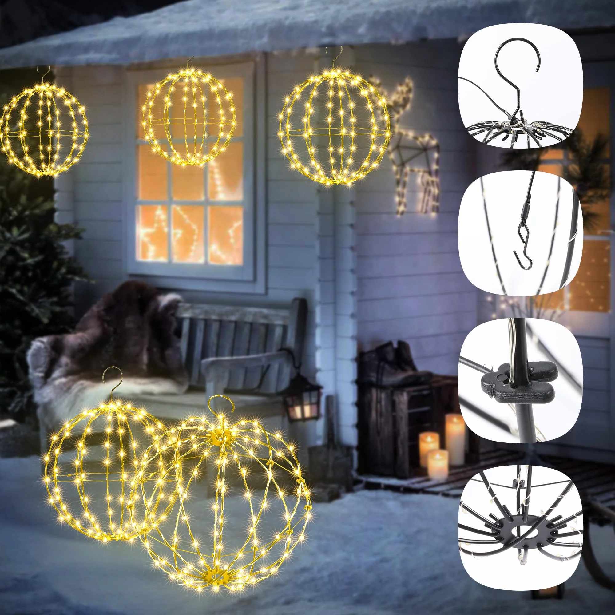 Set of 2 Outdoor Hanging Ball Lights - 2 Sizes of Christmas Battery Operated Garden Lanterns Waterproof Globe Fairy Lights with 8 Lighting Modes Timer Memory Function (Warm White) - Image 5