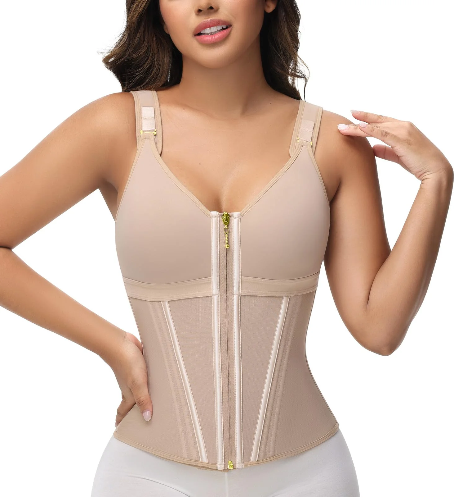 SHAPSHE Waist Trainer Corset for Women Tummy Control Sport Workout Body Shaper Vest for Women Postpartum Gym Zipper and Hooks Tan