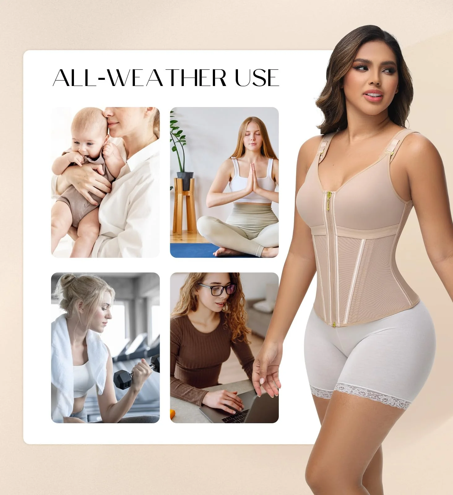 SHAPSHE Waist Trainer Corset for Women Tummy Control Sport Workout Body Shaper Vest for Women Postpartum Gym Zipper and Hooks Tan - Image 2