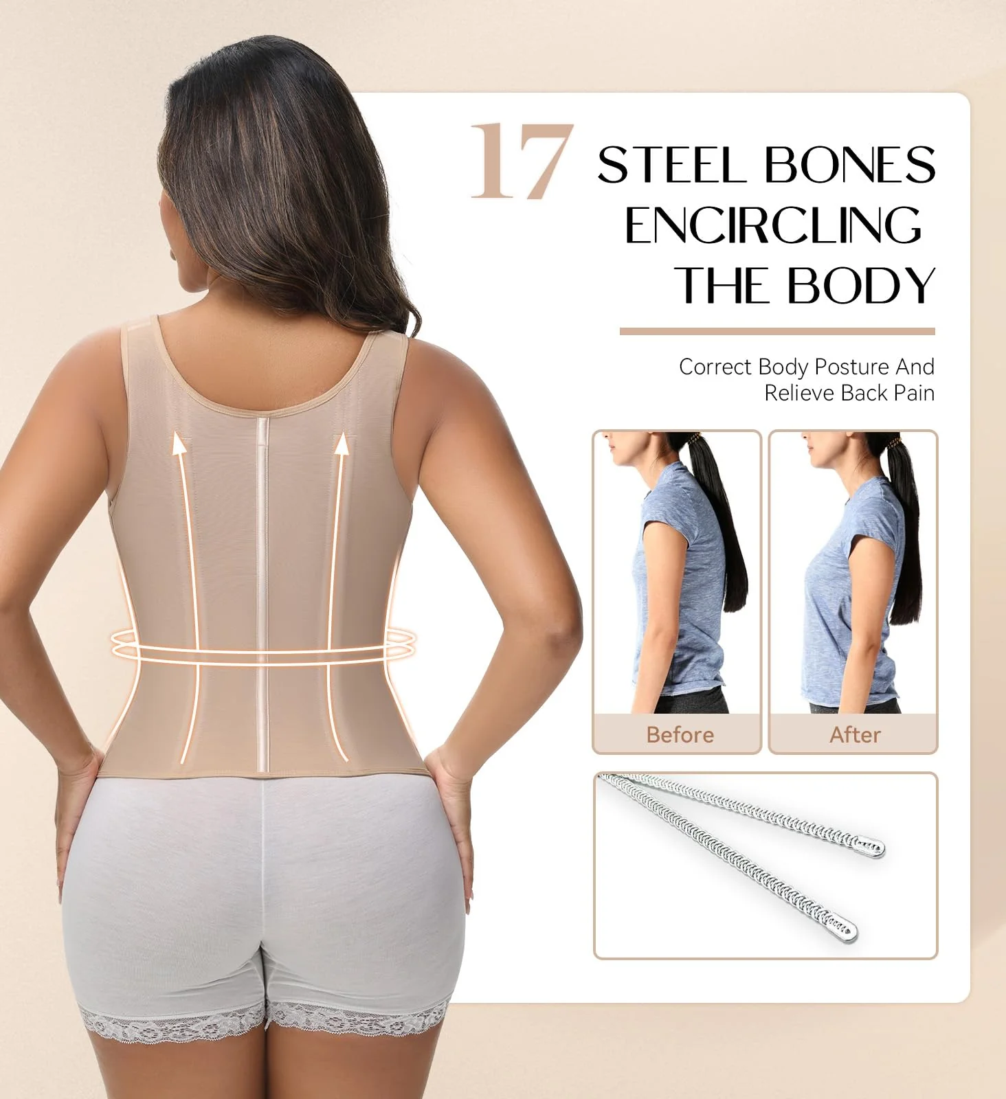 SHAPSHE Waist Trainer Corset for Women Tummy Control Sport Workout Body Shaper Vest for Women Postpartum Gym Zipper and Hooks Tan - Image 4