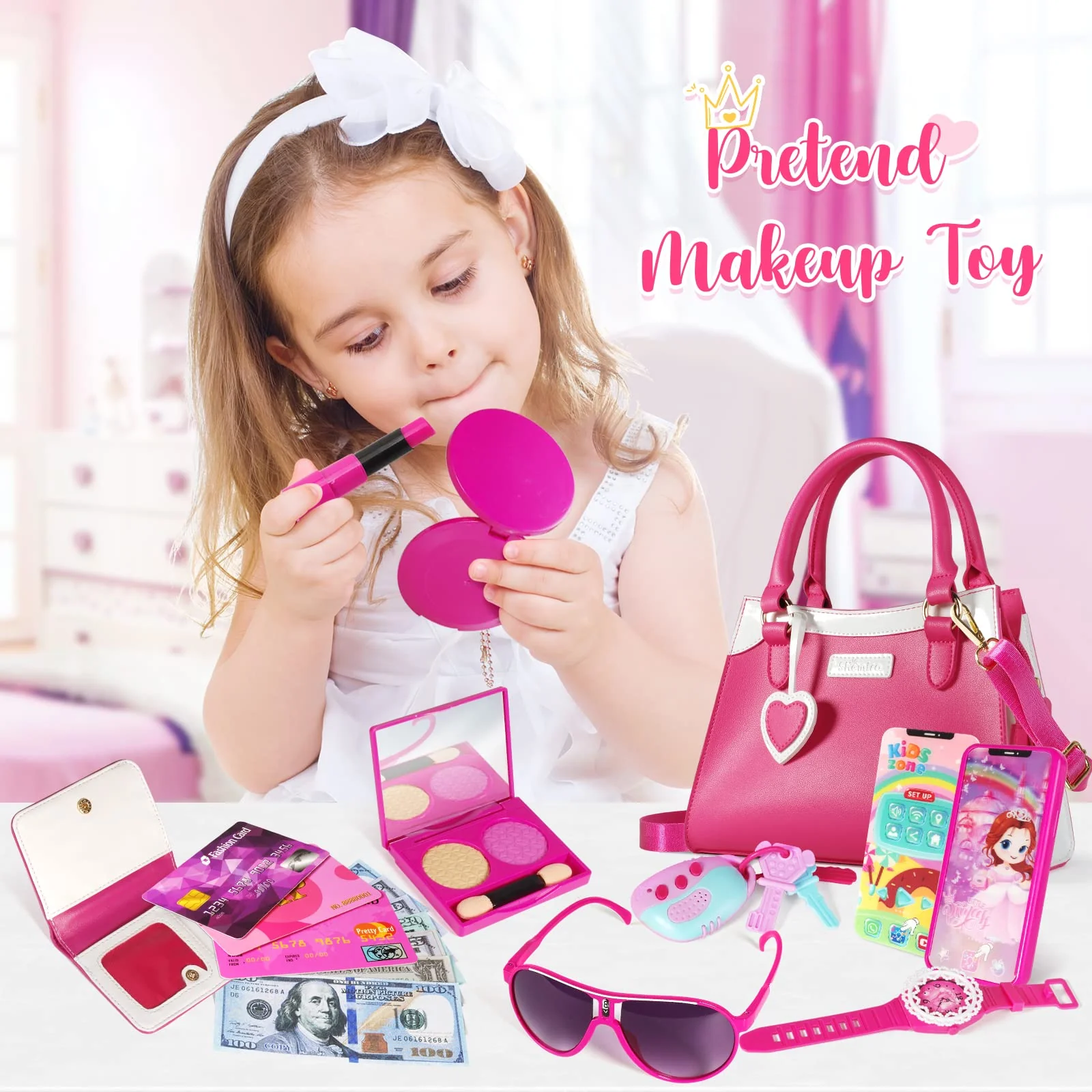 Shemira Play Purse for Little Girls, Princess Pretend Toys for Girls 3 4 5 6 7 8 Years Old, Christmas & Birthday Gift for Kids Age 3-5 4-6 6-8, Toddler Purse with Accessories, Kids Toy Purse,Pink - Image 5