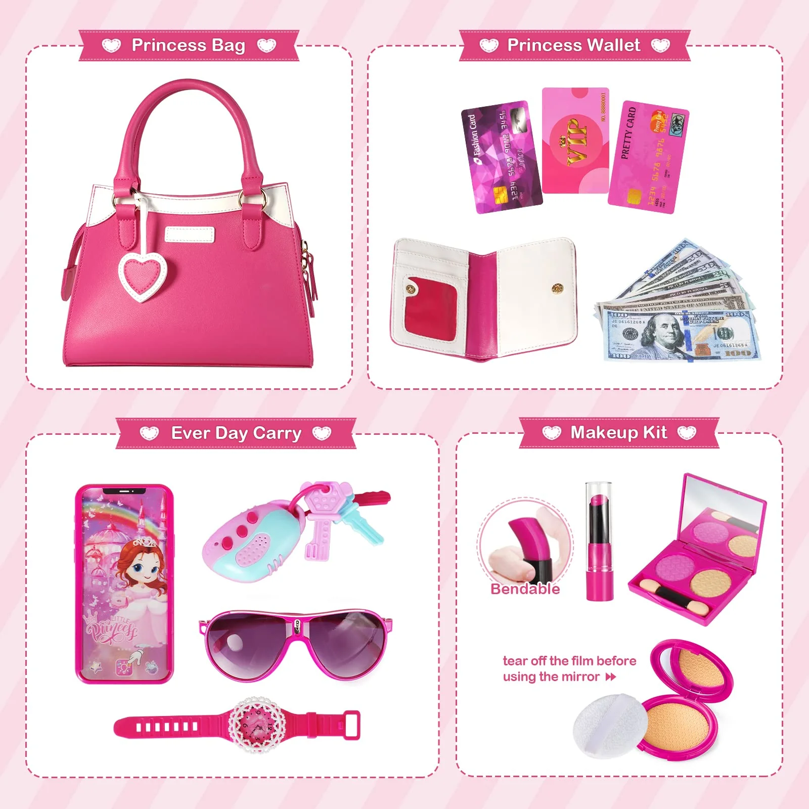 Shemira Play Purse for Little Girls, Princess Pretend Toys for Girls 3 4 5 6 7 8 Years Old, Christmas & Birthday Gift for Kids Age 3-5 4-6 6-8, Toddler Purse with Accessories, Kids Toy Purse,Pink - Image 7