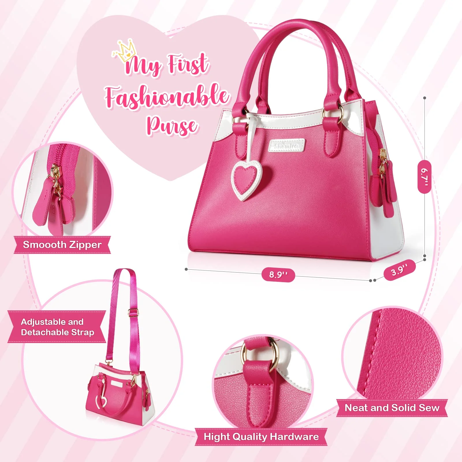 Shemira Play Purse for Little Girls, Princess Pretend Toys for Girls 3 4 5 6 7 8 Years Old, Christmas & Birthday Gift for Kids Age 3-5 4-6 6-8, Toddler Purse with Accessories, Kids Toy Purse,Pink - Image 8