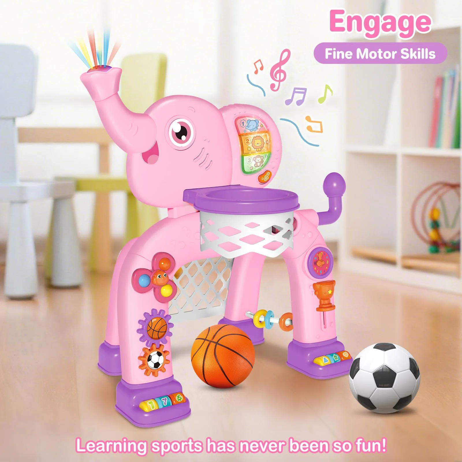 Shemira Toddler Basketball Hoop & Soccer Goal Activity Center Toys with Light & Music,Elephant Toddlers Musical Toys Gift, Baby & Toddlers Christmas Birthday Gift for 1 2 3 Year Old Boys & Girls - Image 2