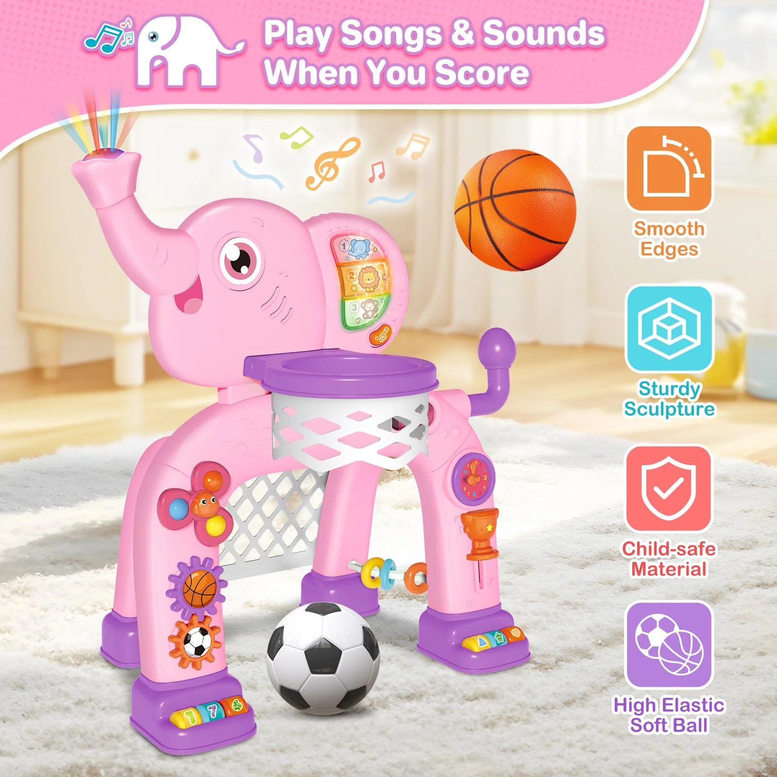 Shemira Toddler Basketball Hoop & Soccer Goal Activity Center Toys with Light & Music,Elephant Toddlers Musical Toys Gift, Baby & Toddlers Christmas Birthday Gift for 1 2 3 Year Old Boys & Girls - Image 3