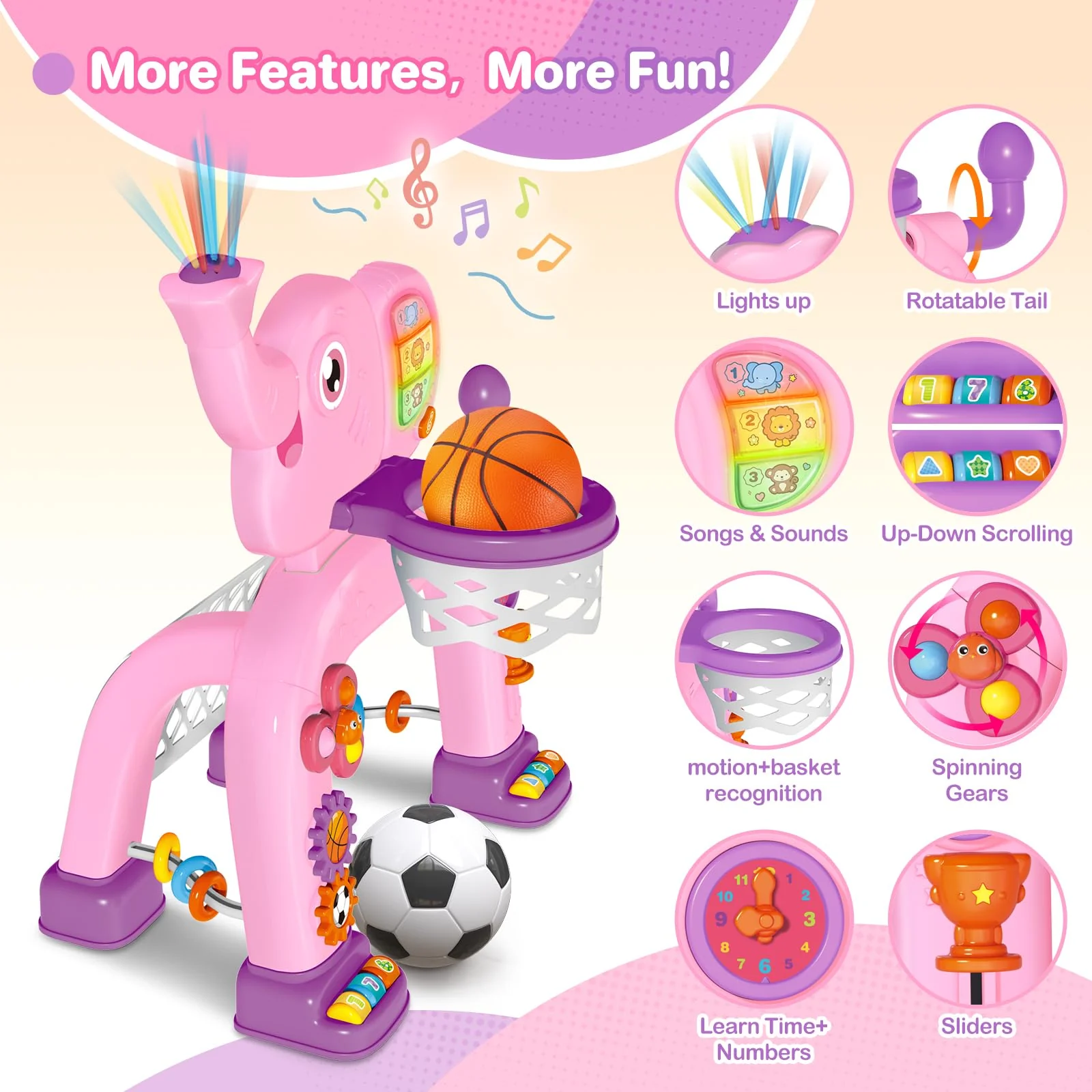 Shemira Toddler Basketball Hoop & Soccer Goal Activity Center Toys with Light & Music,Elephant Toddlers Musical Toys Gift, Baby & Toddlers Christmas Birthday Gift for 1 2 3 Year Old Boys & Girls - Image 4