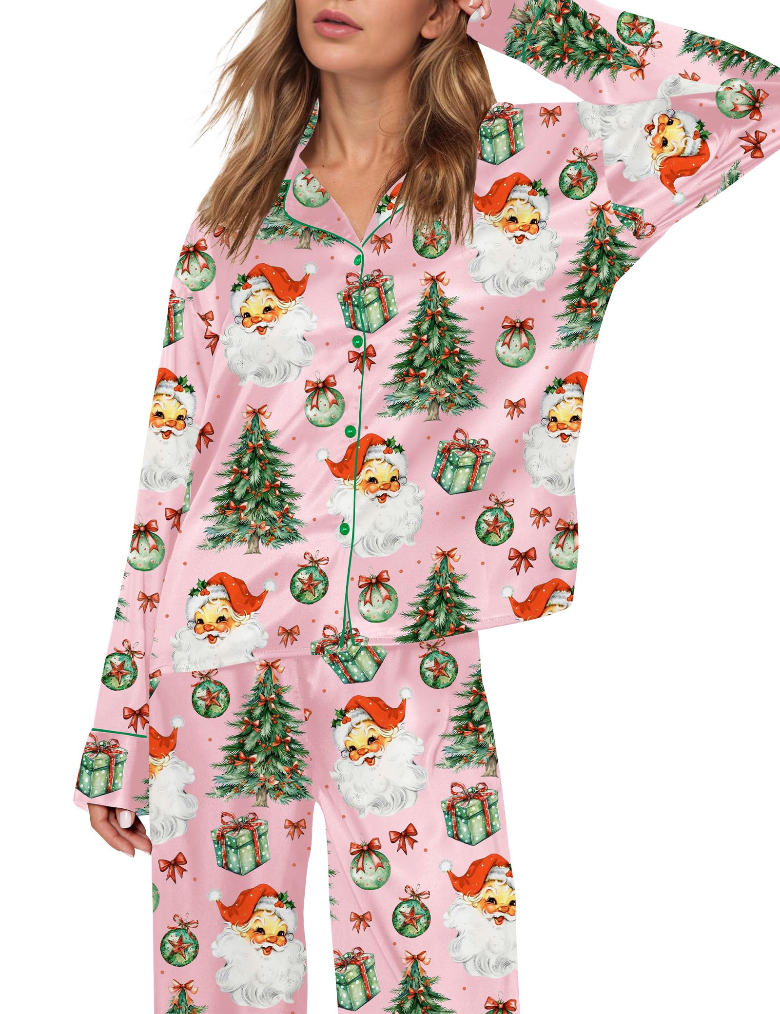 SHESHOW Satin Christmas Pjs Women Button Down 2 Piece Funny Graphic Santa Pink Christmas Pajamas for Women M - Image 6