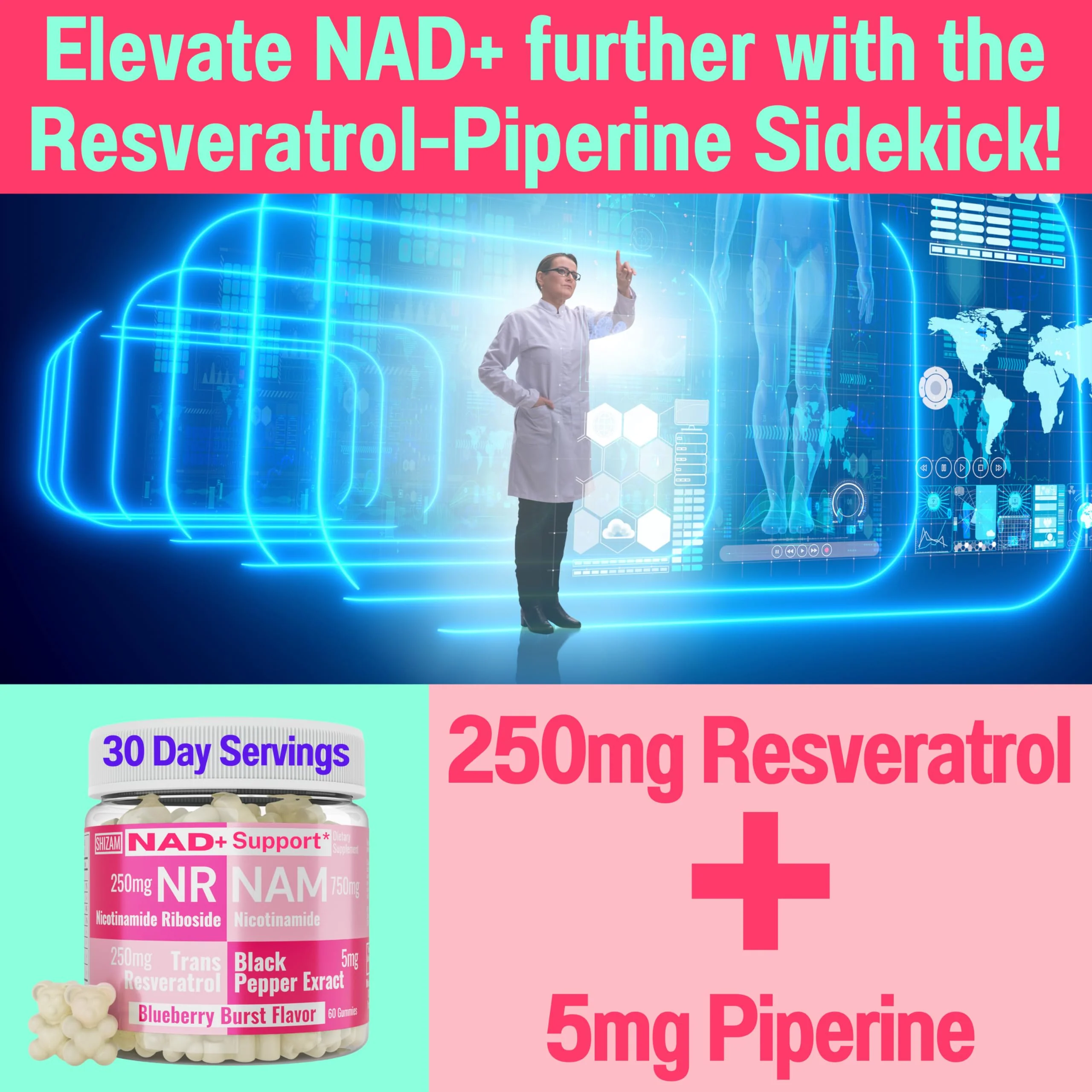 SHIZAM Nicotinamide Riboside NR NAM Resveratrol Gummies, 1000mg NAD+ NAD + Plus Nrf2 Activator Booster w Pure Niacinamide Vitamins B3 Capsules Pills Powder Supplements Alt NDA Regenerator 500mg - Image 6