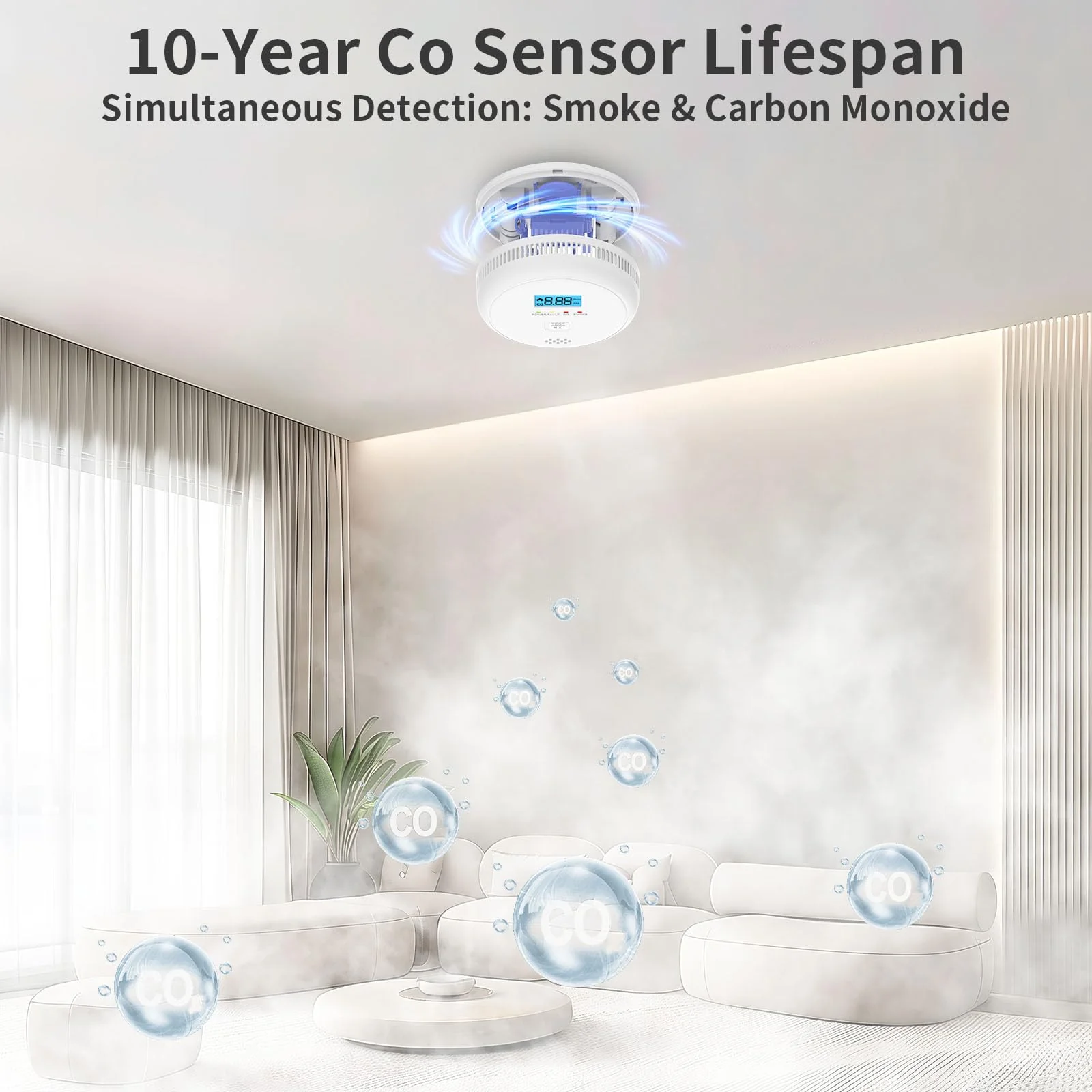 SHYEEH 2 in 1 Smoke and Carbon Monoxide Detectors, Battery-Operated (Battery not Included) Smoke Detector and CO Detector with 10-Year Sensor, Sound Warning and LCD Display for Home and Travel. - Image 5