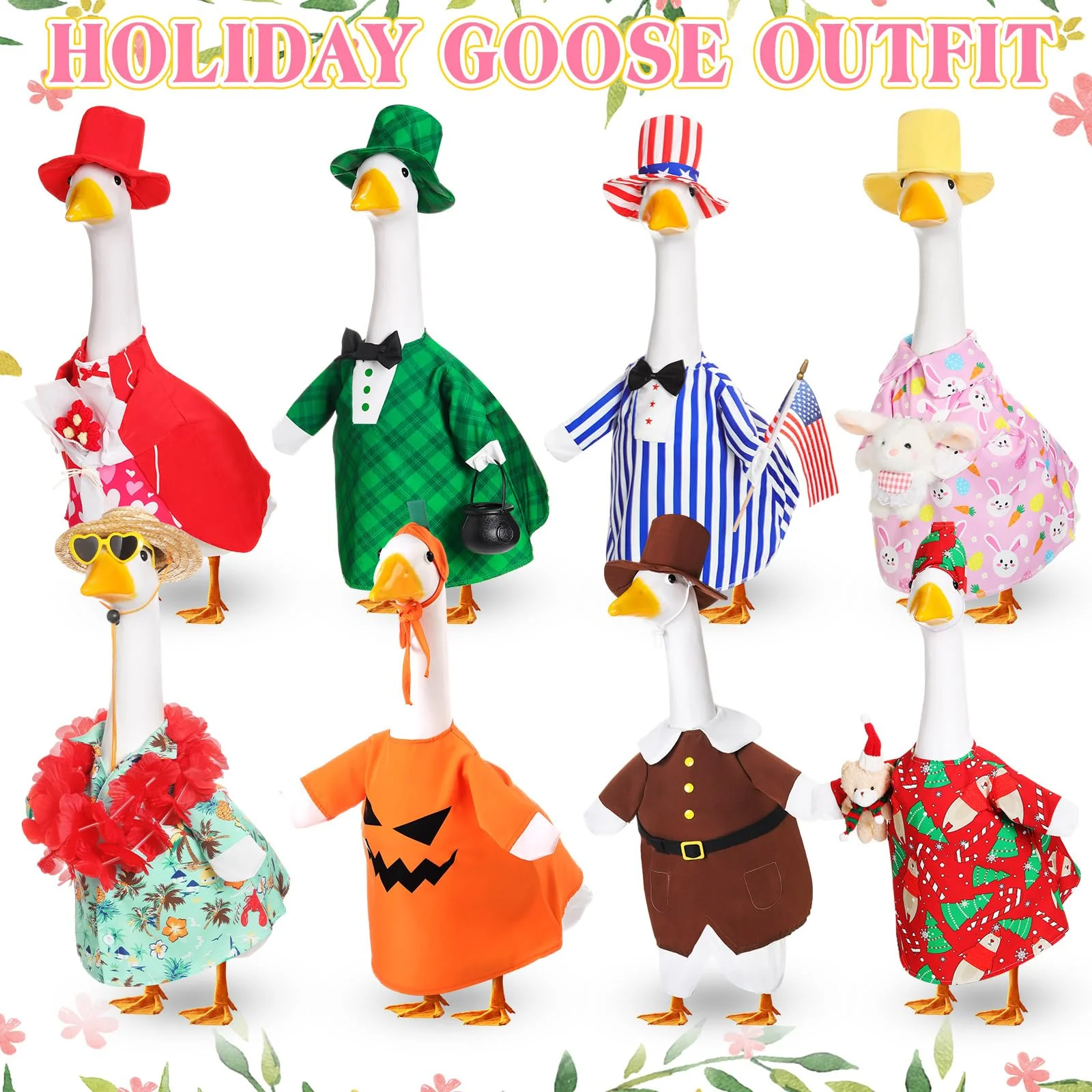 Silicherry 8 Set Seasonal Holiday Goose Outfits Christmas Valentine's Day Summer All Seasons Lawn Porch Goose Clothes Costume for 23" Cement Statue Garden Patio Outdoor Decoration(Boy Style) - Image 2