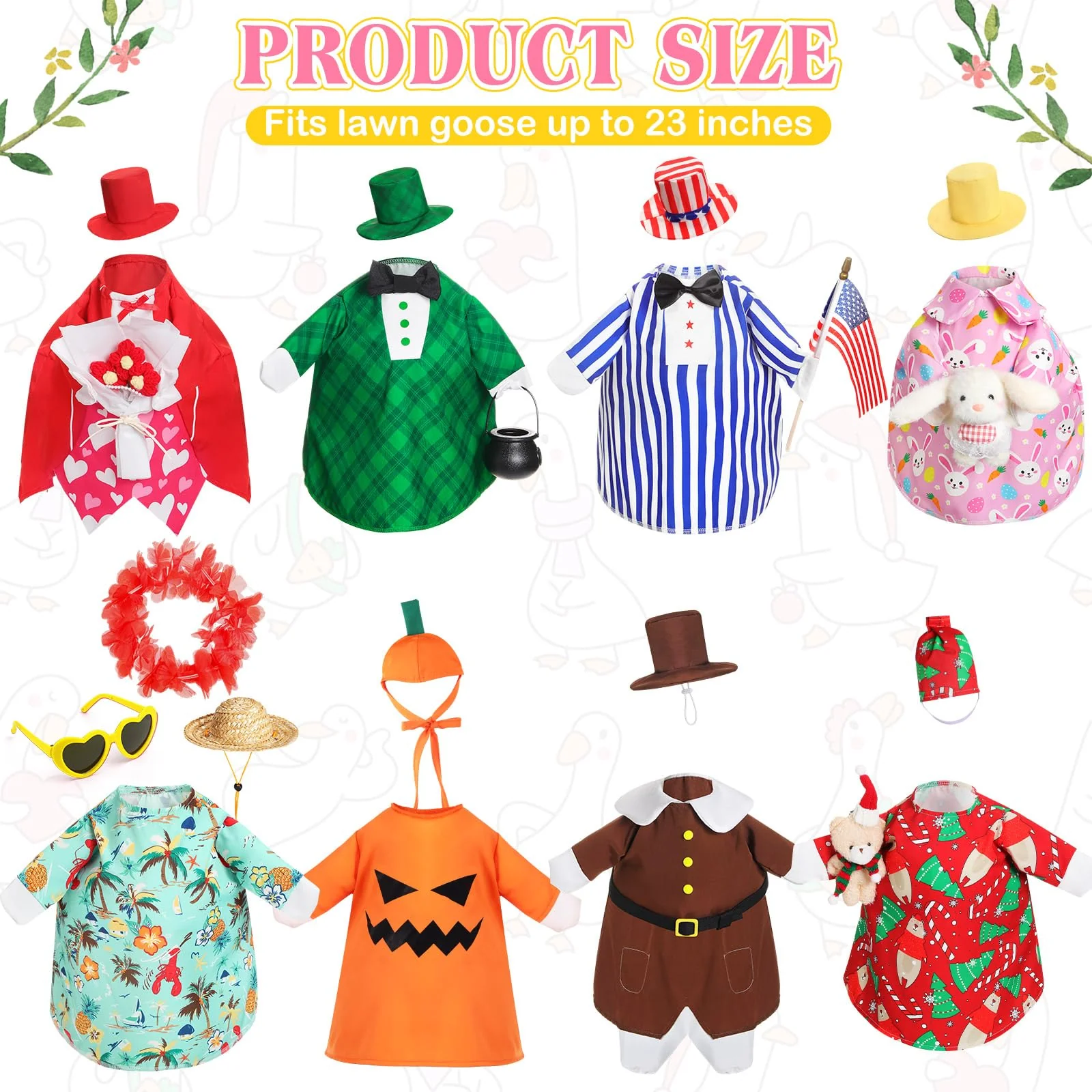 Silicherry 8 Set Seasonal Holiday Goose Outfits Christmas Valentine's Day Summer All Seasons Lawn Porch Goose Clothes Costume for 23" Cement Statue Garden Patio Outdoor Decoration(Boy Style) - Image 6