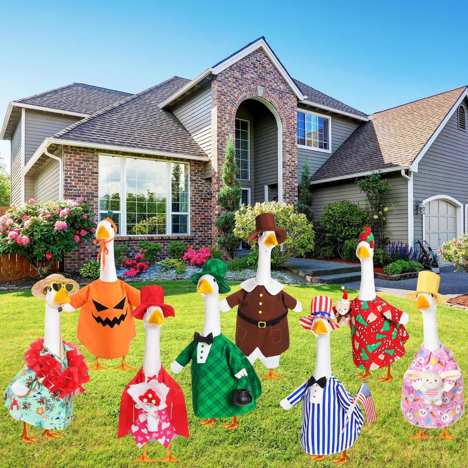 Silicherry 8 Set Seasonal Holiday Goose Outfits Christmas Valentine's Day Summer All Seasons Lawn Porch Goose Clothes Costume for 23" Cement Statue Garden Patio Outdoor Decoration(Boy Style) - Image 7