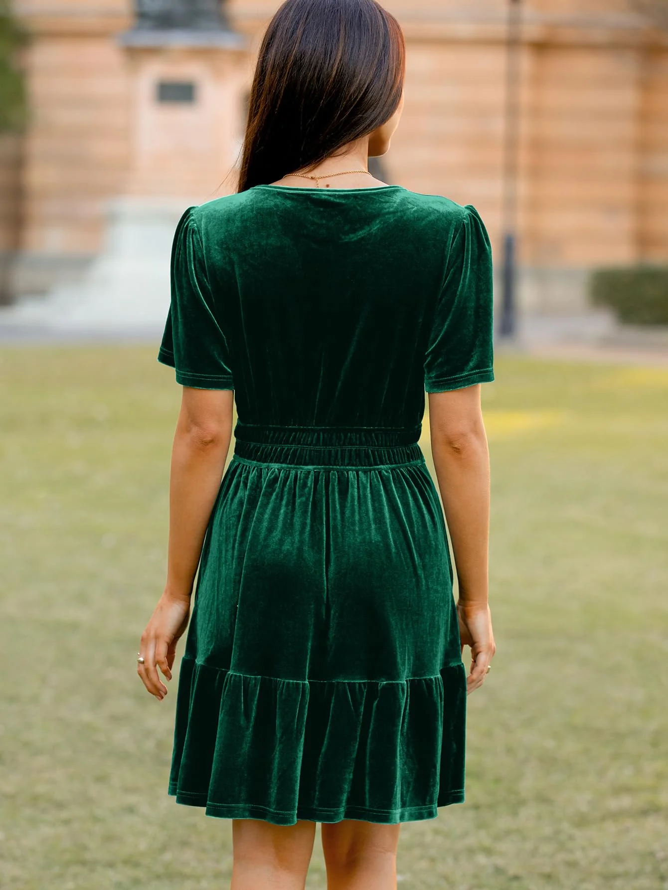 Simplee Christmas Velvet Green Dress Women Cocktail Classic Flare Short Sleeve Mini Dress V Neck A Line Ruffle Hem Tiered Bridesmaid Short Swing Dress with Pockets(Green M) - Image 3