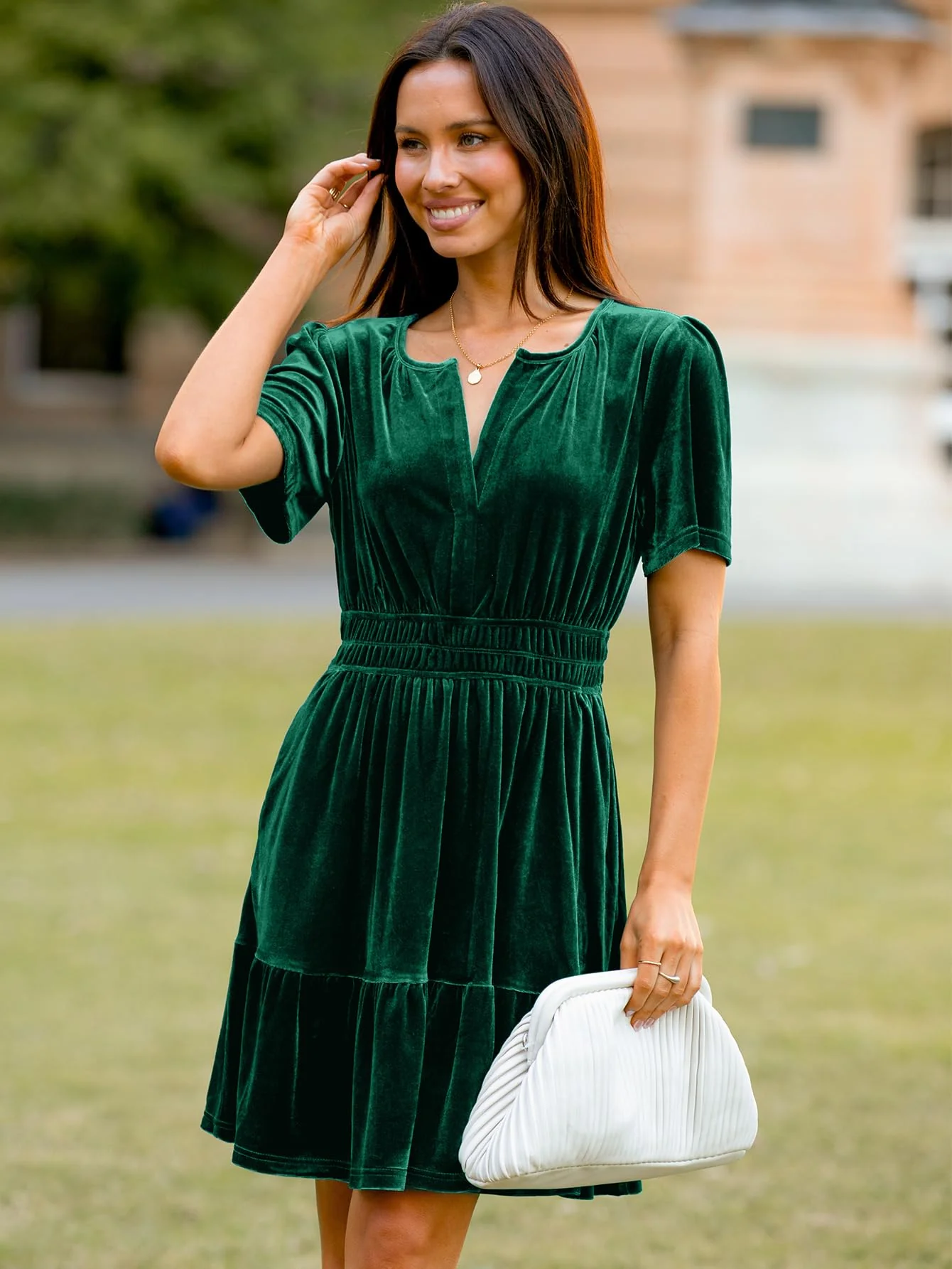 Simplee Christmas Velvet Green Dress Women Cocktail Classic Flare Short Sleeve Mini Dress V Neck A Line Ruffle Hem Tiered Bridesmaid Short Swing Dress with Pockets(Green M) - Image 5