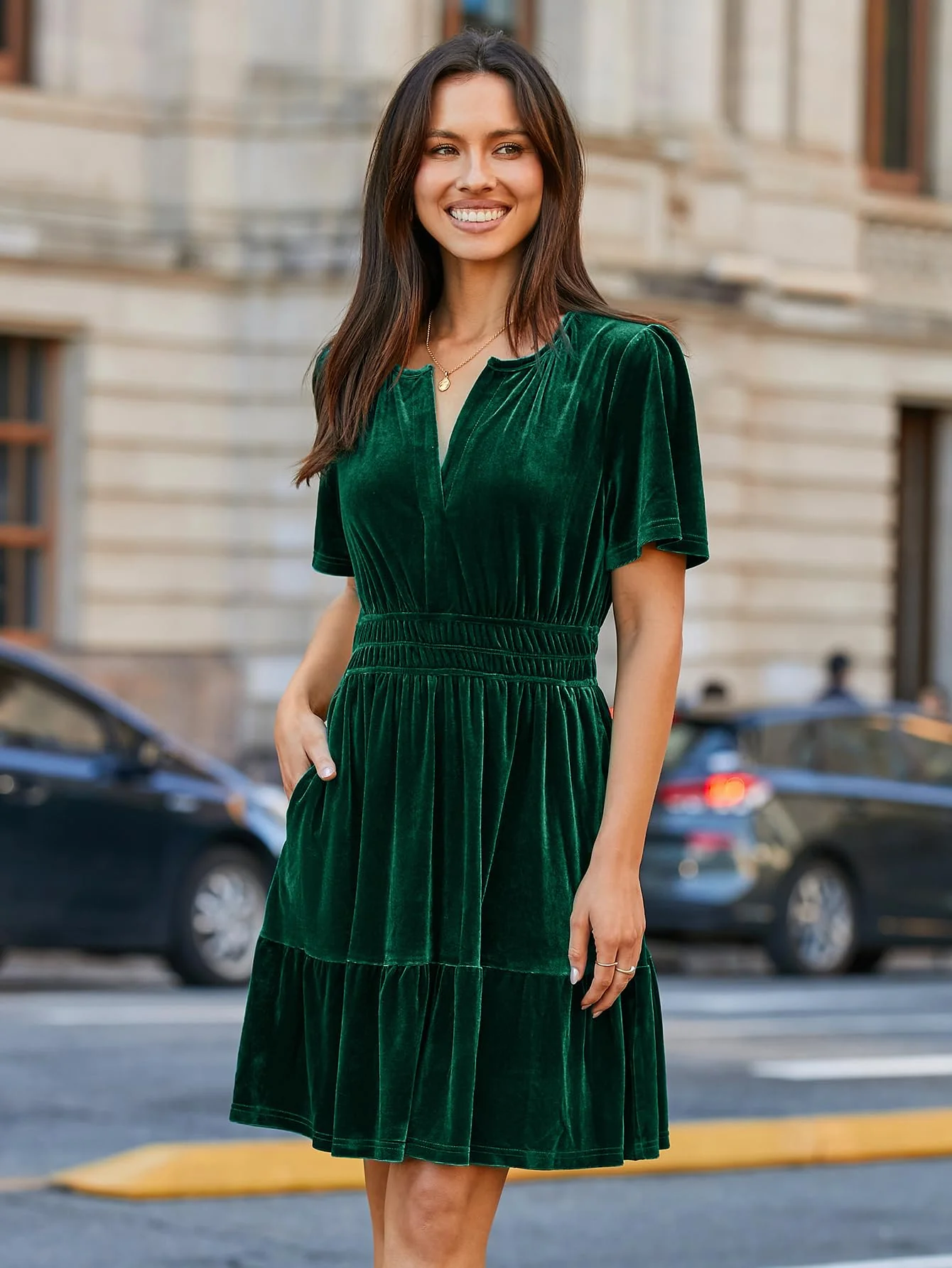 Simplee Christmas Velvet Green Dress Women Cocktail Classic Flare Short Sleeve Mini Dress V Neck A Line Ruffle Hem Tiered Bridesmaid Short Swing Dress with Pockets(Green M) - Image 6