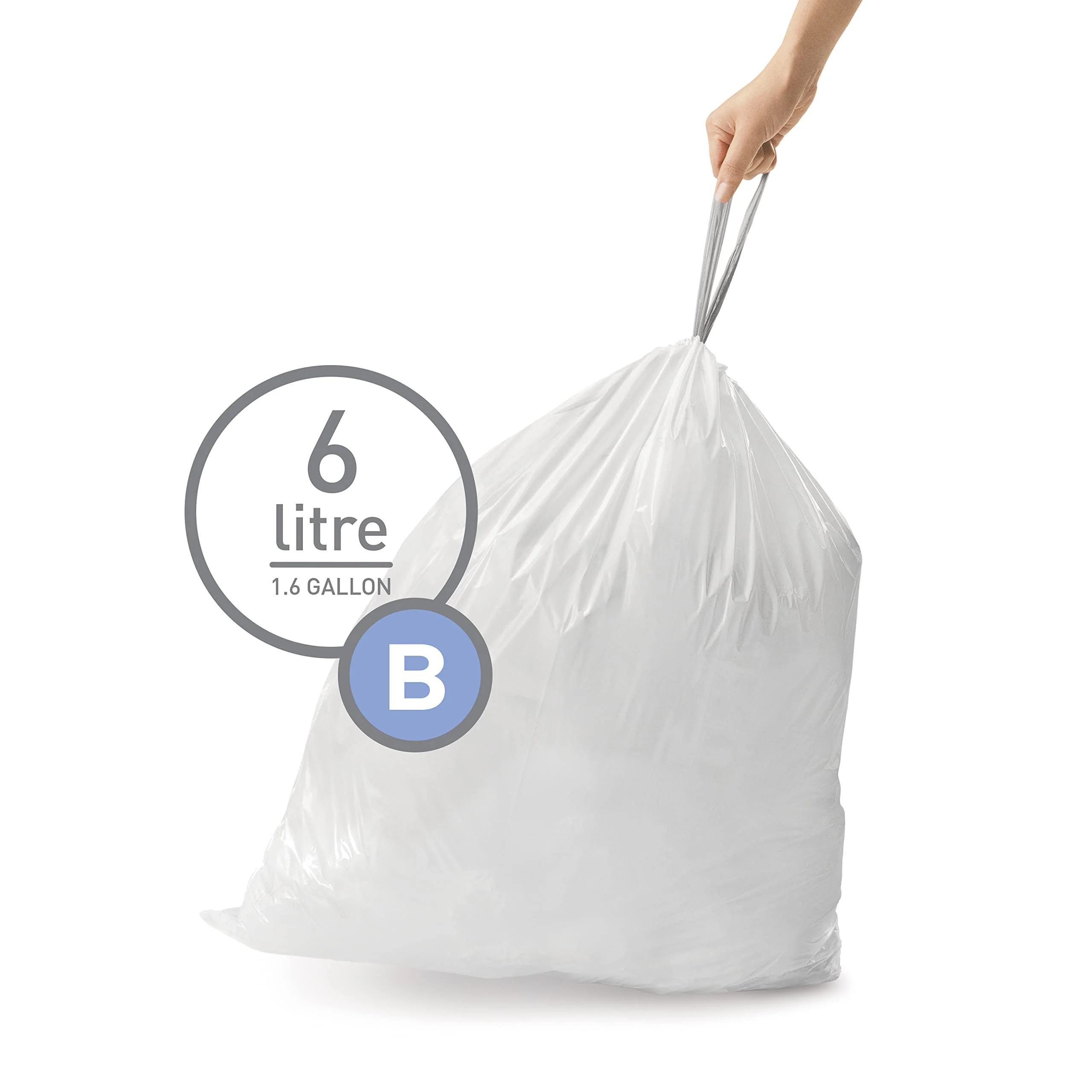 simplehuman Code B 150 Count, Dispenser Packs Custom Fit Liners, Drawstring Trash Bags, 6 Liter / 1.6 Gallon, White - Image 4