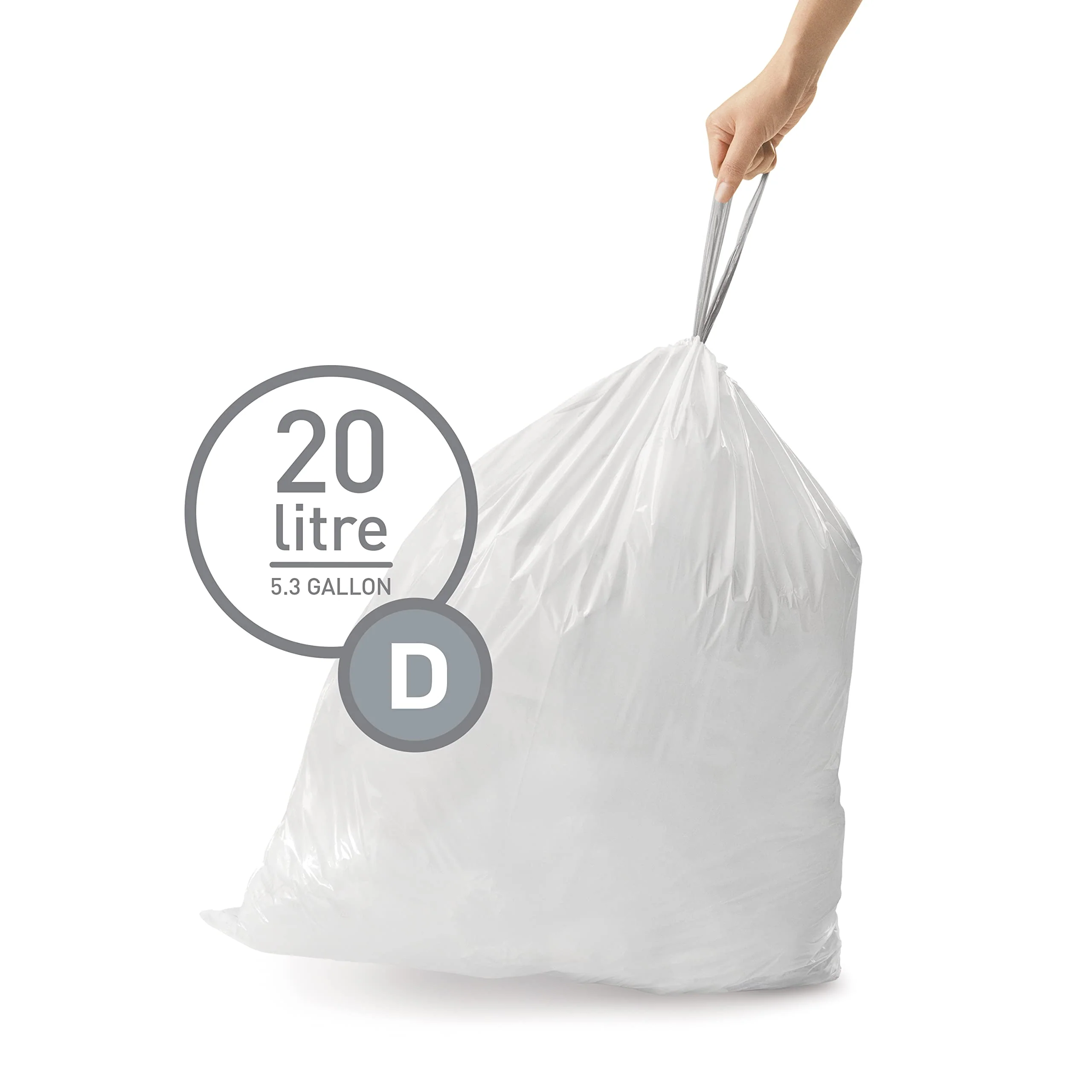 simplehuman Code D 100 Count, Dispenser Pack Custom Fit Liners, Drawstring Trash Bags, 20 Liter / 5.3 Gallon, White - Image 4