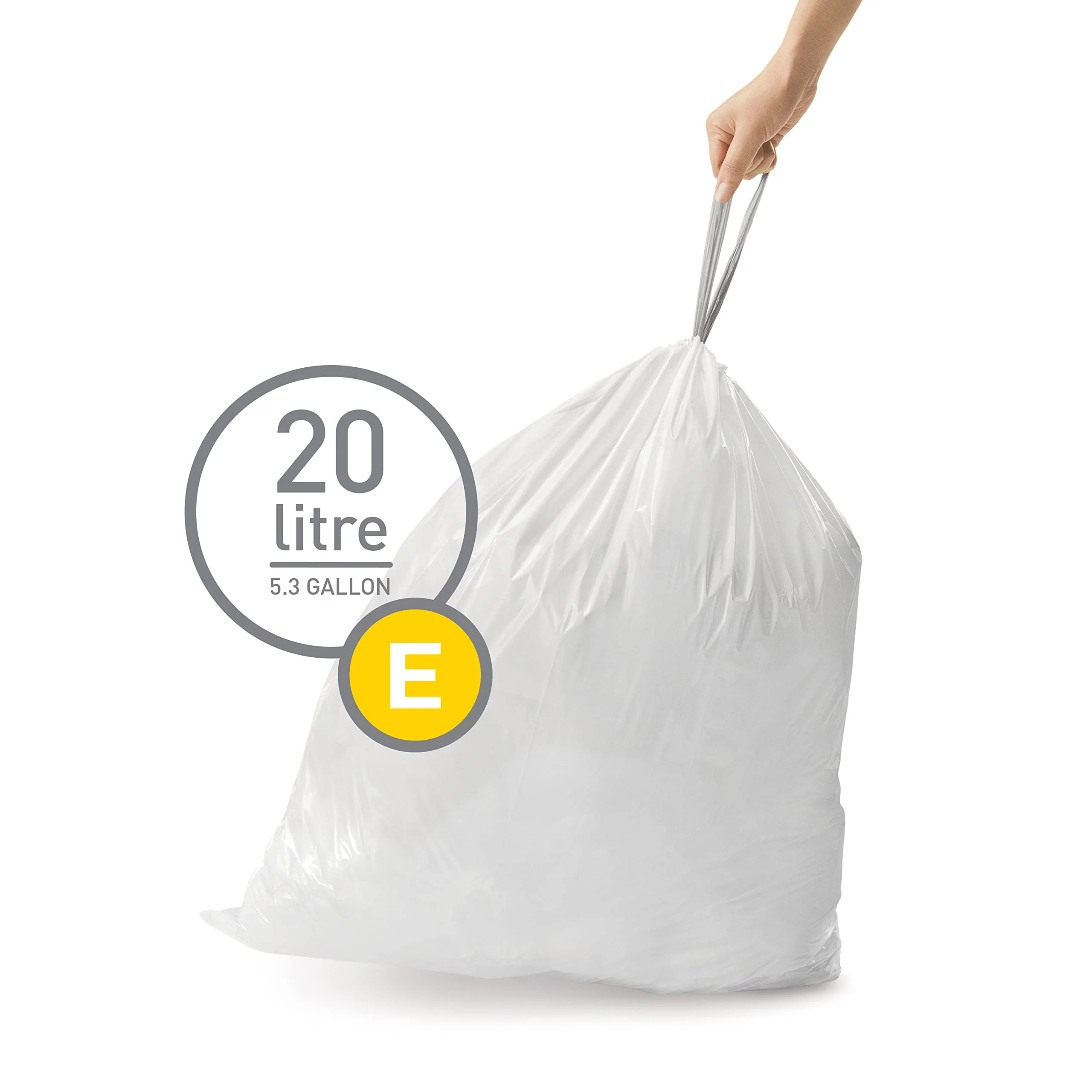 simplehuman Code E 60 Count, Dispenser Pack Custom Fit Liners, Drawstring Trash Bags, 20 Liter / 5.3 Gallon, White - Image 5