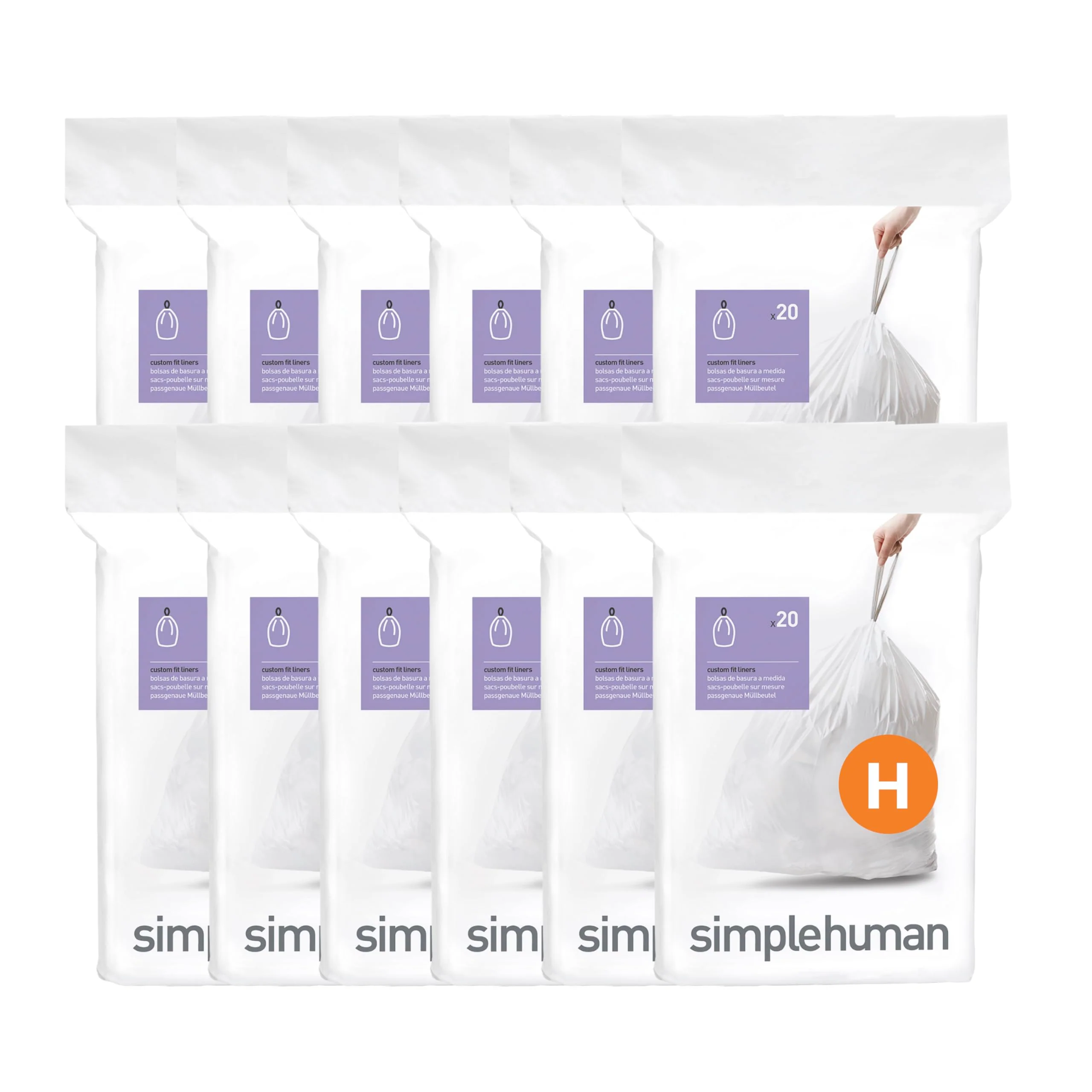 simplehuman Code H 240 Count, Genuine Custom Fit Liners, Drawstring Trash Bags in Dispenser Packs, 30-35 Liter/8-9 Gallon