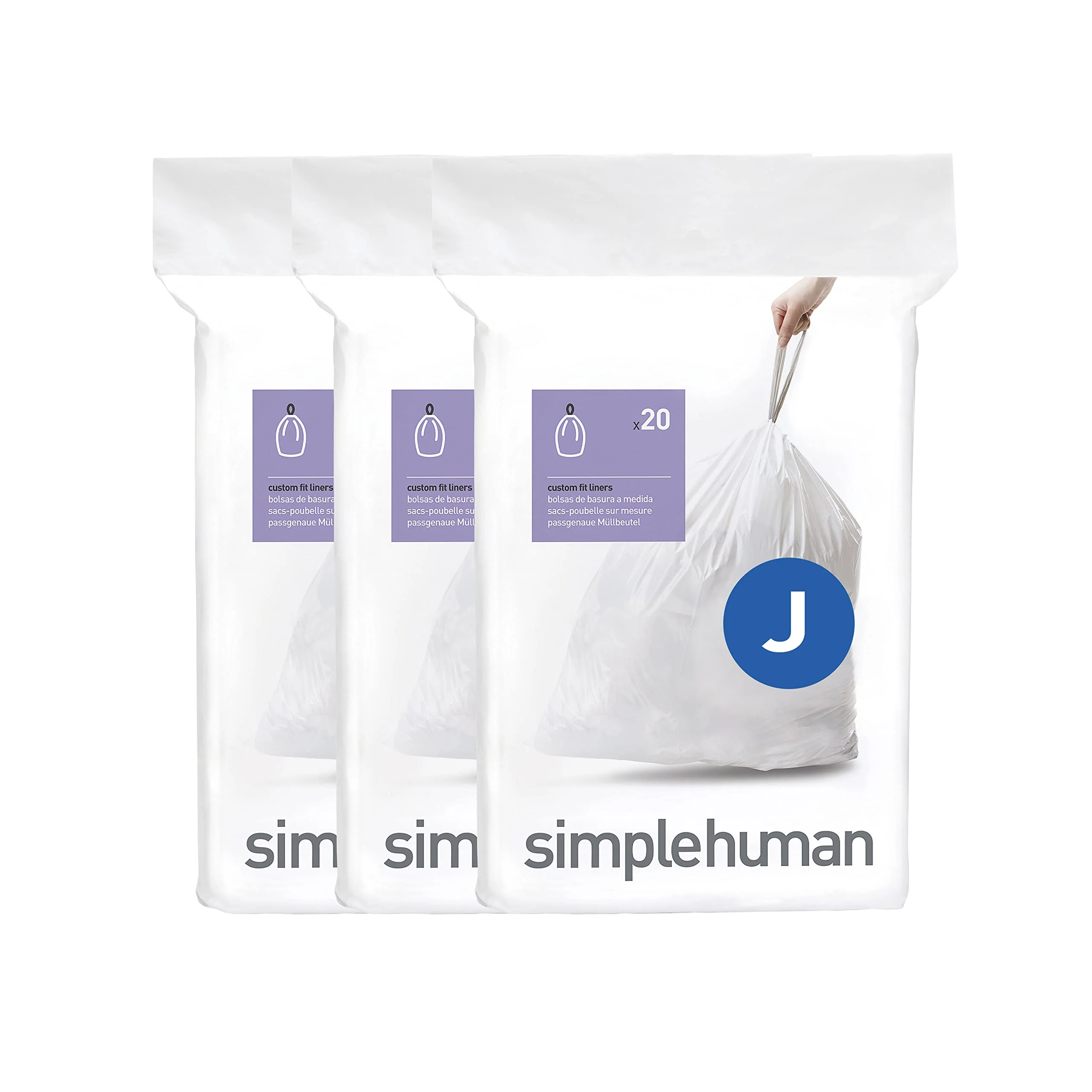 simplehuman Code J 60 Count, Dispenser Pack Custom Fit Liners, Drawstring Trash Bags, 30-45 Liter / 8-12 Gallon, White