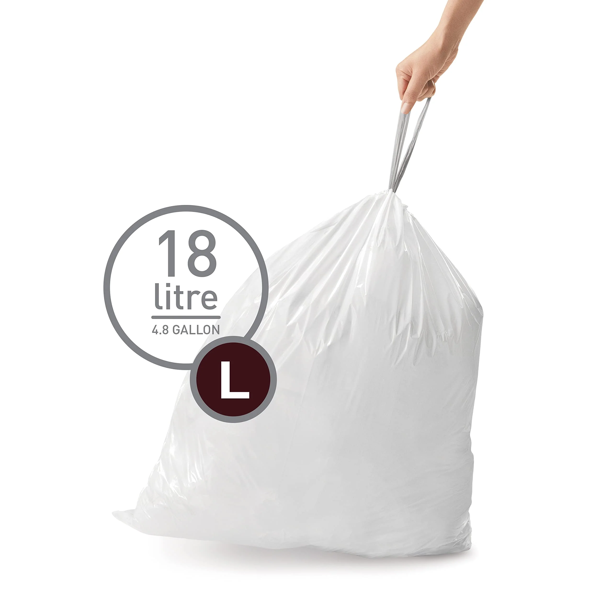 simplehuman Code L 100 Count, Dispenser Pack Custom Fit Liners, Drawstring Trash Bags, 18 Liter / 4.7 Gallon, White - Image 4
