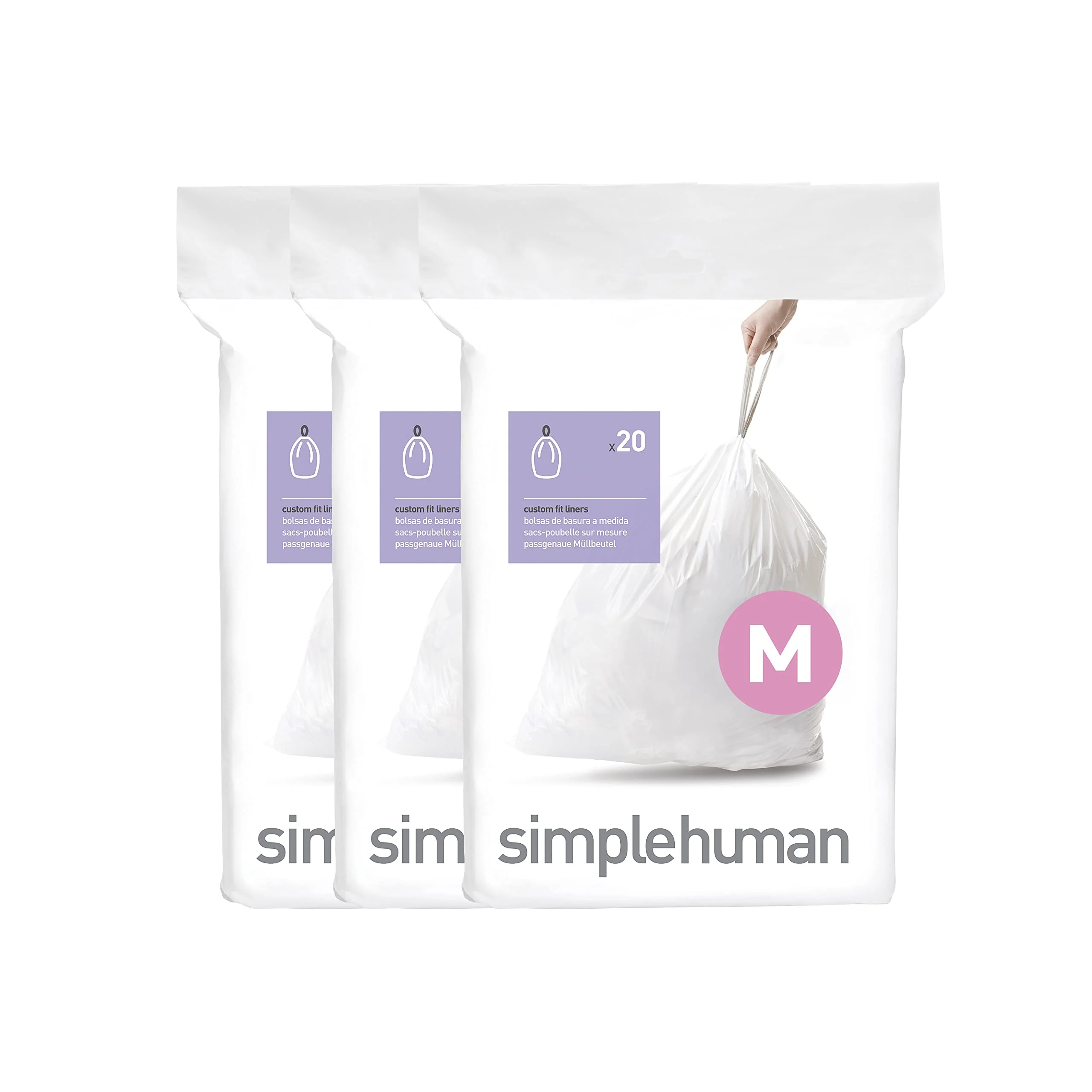 simplehuman Code M 60 Count, Dispenser Pack Custom Fit Liners, Drawstring Trash Bags, 45 Liter / 11.9 Gallon, White