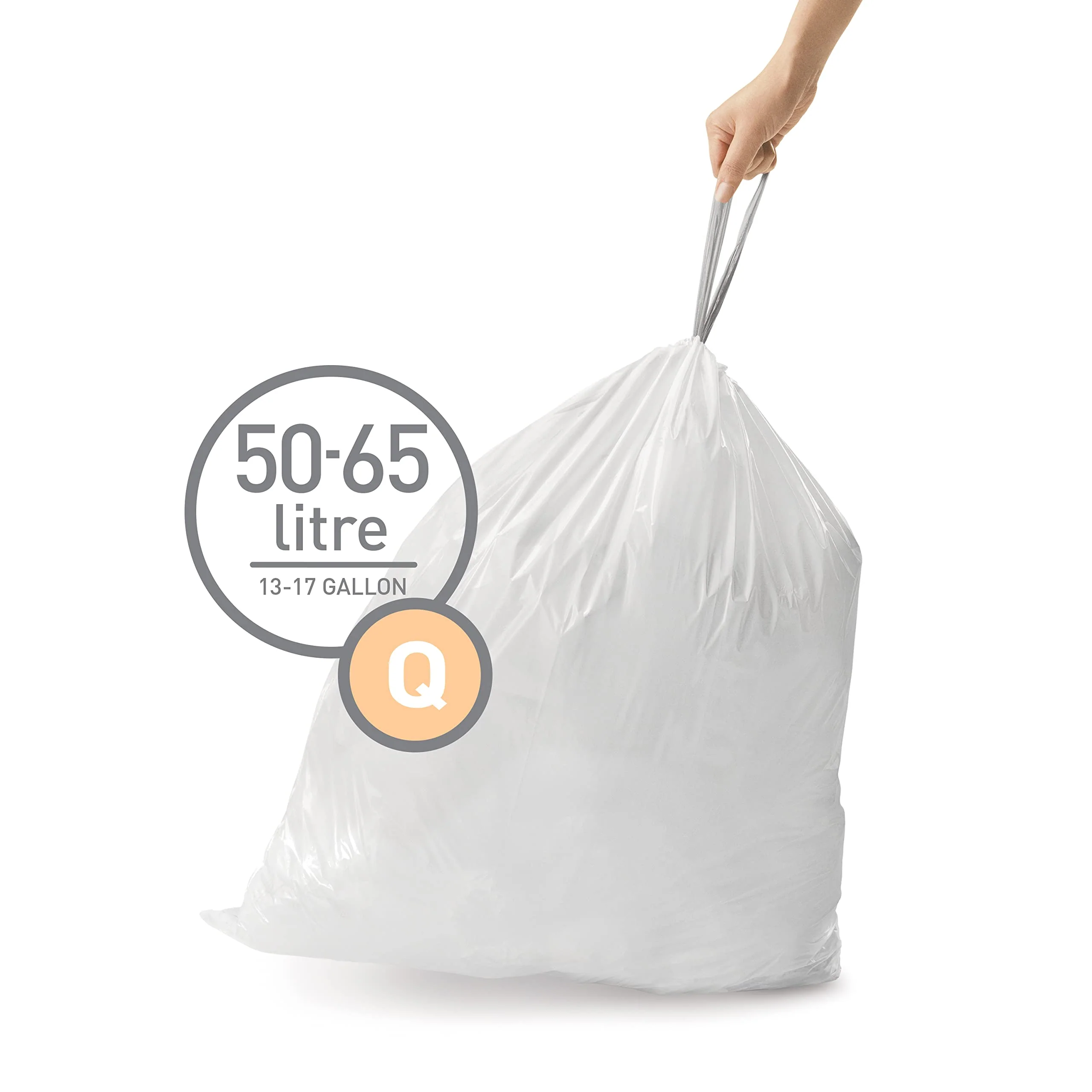 simplehuman Code Q 60 Count, Dispenser Pack Custom Fit Liners, Drawstring Trash Bags, 50-65 Liter / 13.2-17.2 Gallon, White - Image 6