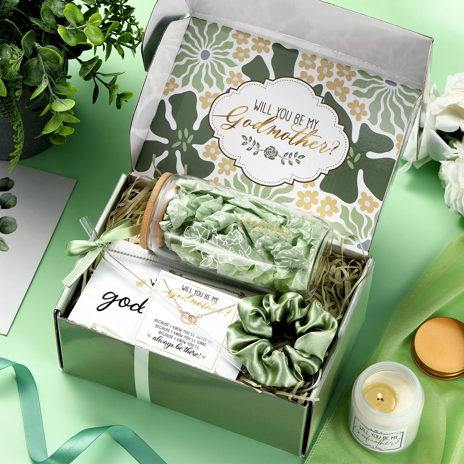 Singhoow 6 Pcs Godmother Proposal Gift Set Will You Be My Godmother 16oz Glass Cup Necklace Scented Candle Gift Box from Godchild for Mother's Dayy Christmas Birthday Baptism(Sage Green) - Image 4