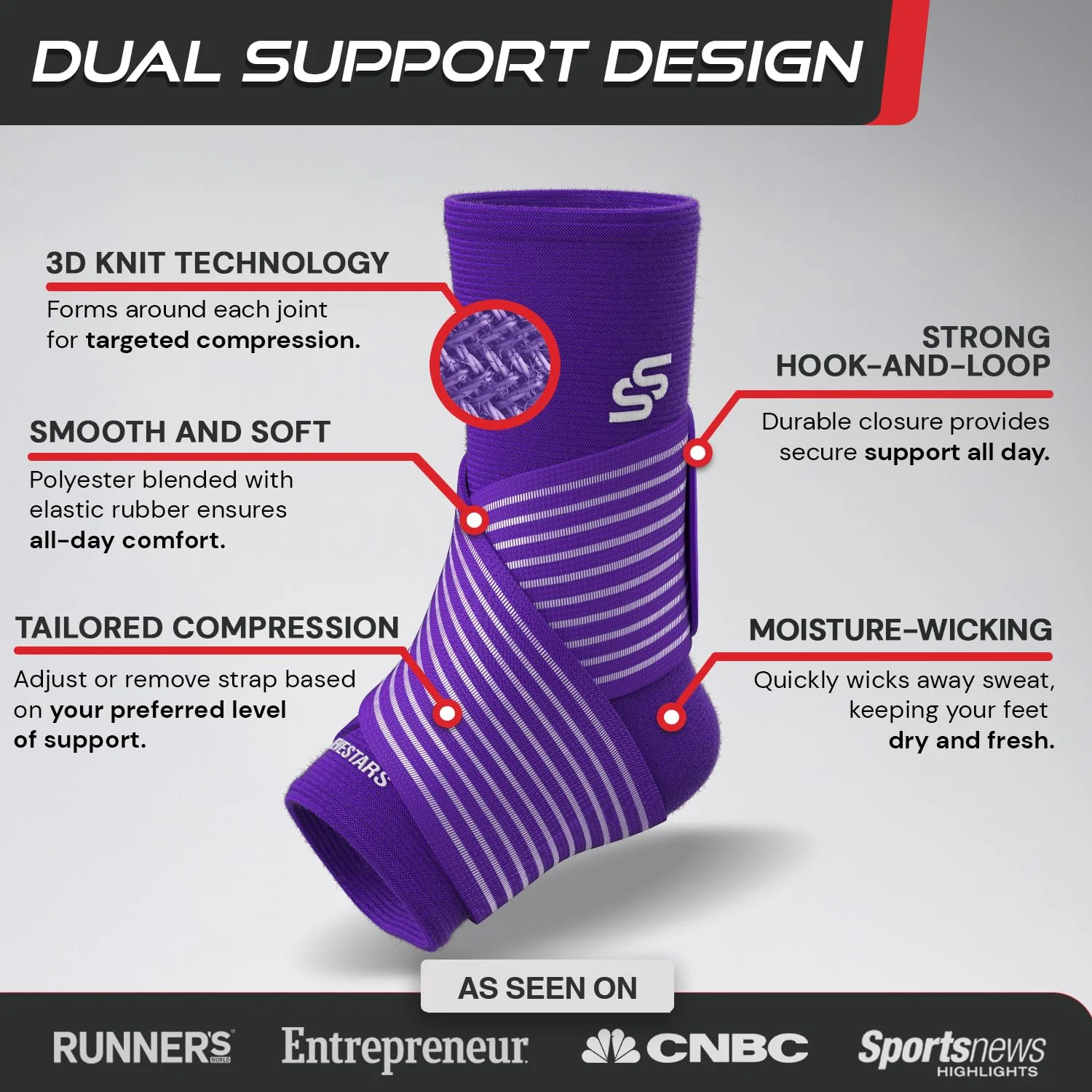 Sleeve Stars Ankle Brace for Women & Men, Ankle Wrap for Sprain, Compression Sleeve for Plantar Fasciitis Relief, Easy Customizable Support: w/ Removable Strap (Pair/M:10"-12"/Dark Purple) - Image 8