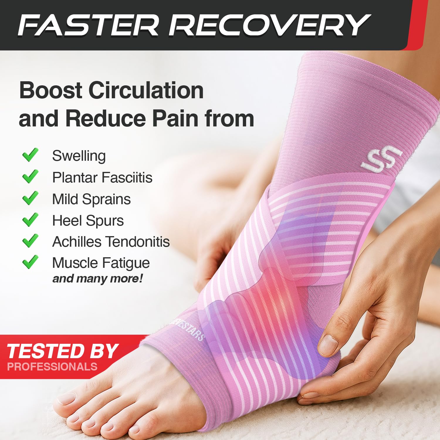 Sleeve Stars Ankle Brace for Women & Men, Ankle Wrap for Sprained Ankle, Compression Sleeve for Plantar Fasciitis Relief, Easy Customizable Support: w/Removable Strap (Single/L:12"-13"/Baby Pink) - Image 9