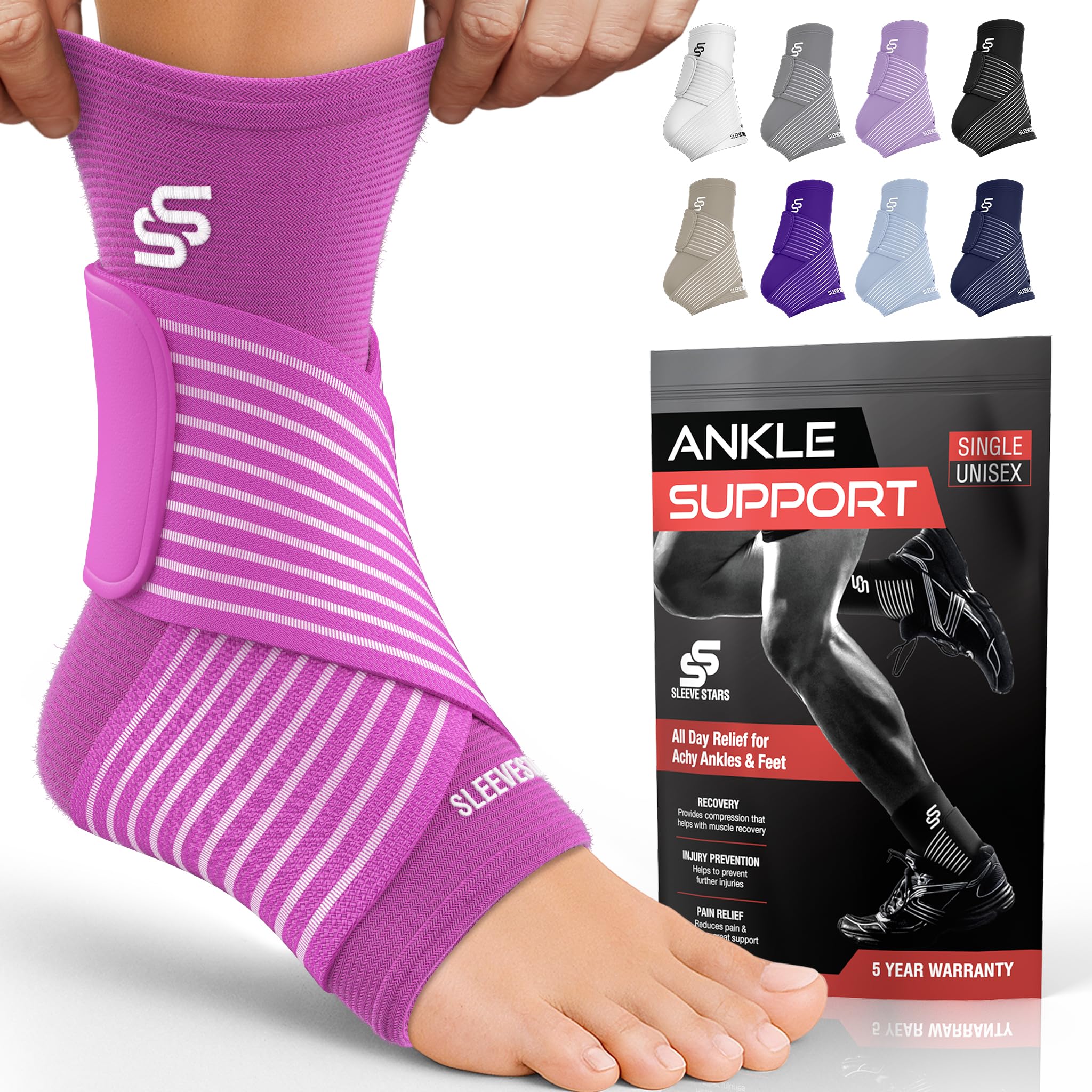 Sleeve Stars Ankle Brace for Women & Men, Ankle Wrap for Sprained Ankle, Compression Sleeve for Plantar Fasciitis Relief, Easy Customizable Support: w/Removable Strap (Single/L:12"-13"/Hot Pink)