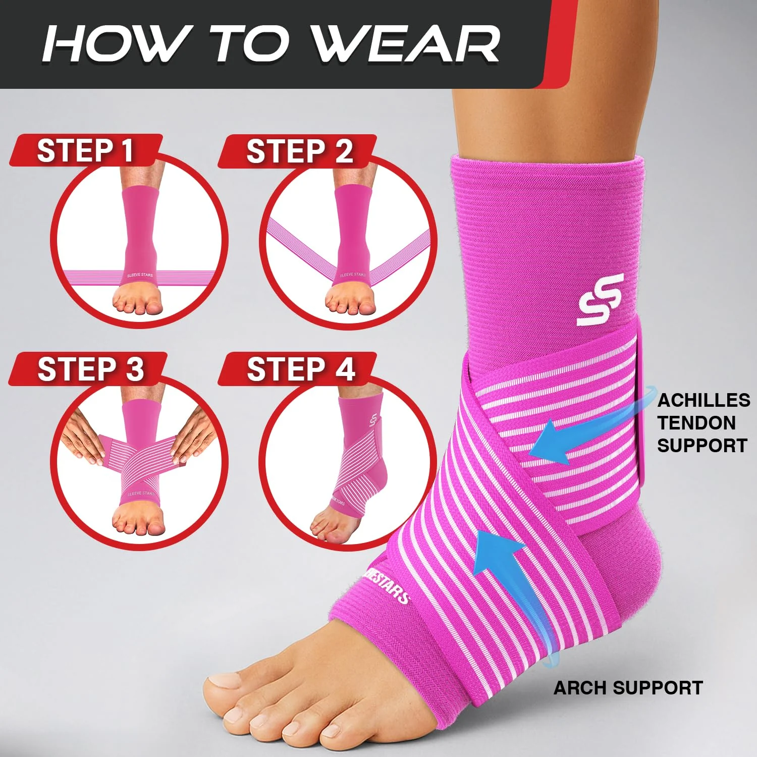Sleeve Stars Ankle Brace for Women & Men, Ankle Wrap for Sprained Ankle, Compression Sleeve for Plantar Fasciitis Relief, Easy Customizable Support: w/Removable Strap (Single/L:12"-13"/Hot Pink) - Image 7