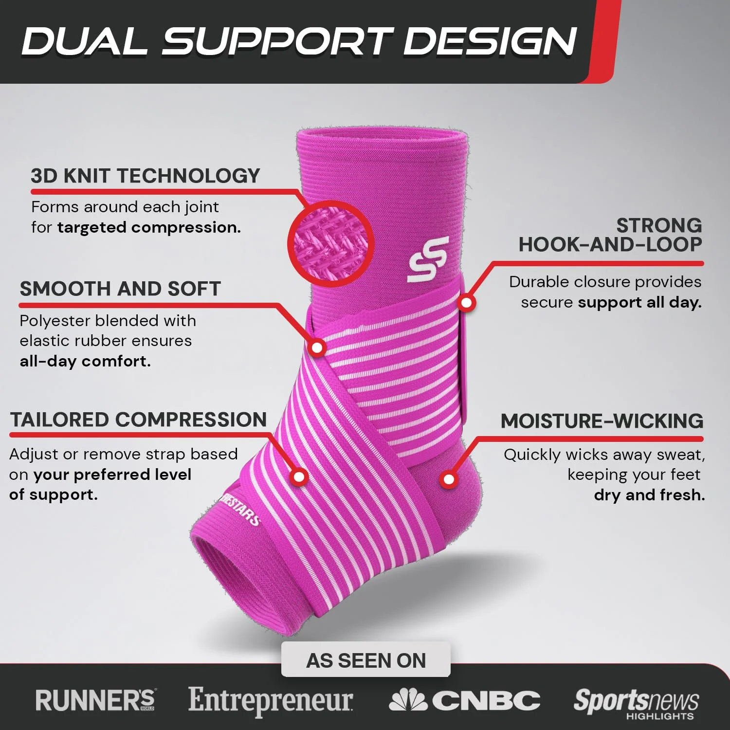Sleeve Stars Ankle Brace for Women & Men, Ankle Wrap for Sprained Ankle, Compression Sleeve for Plantar Fasciitis Relief, Easy Customizable Support: w/Removable Strap (Single/L:12"-13"/Hot Pink) - Image 8