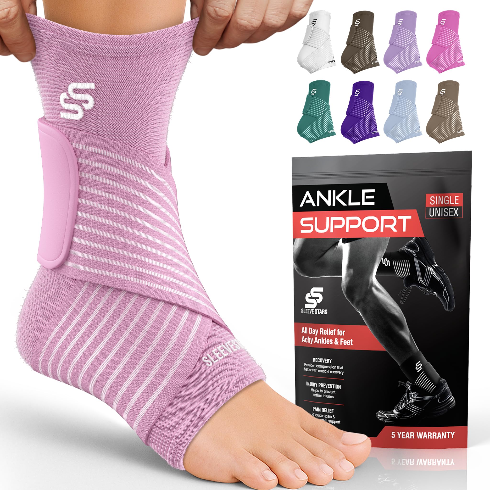 Sleeve Stars Ankle Brace for Women & Men, Ankle Wrap for Sprained Ankle, Compression Sleeve for Plantar Fasciitis Relief, Easy Customizable Support: w/Removable Strap (Single/S:9"-10"/Baby Pink)