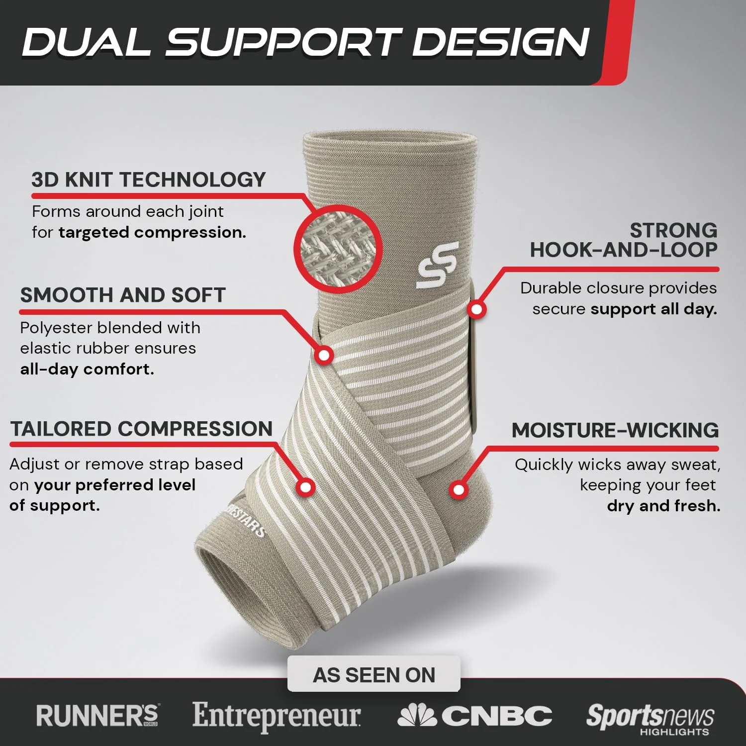 Sleeve Stars Ankle Brace for Women & Men, Ankle Wrap for Sprained Ankle, Compression Sleeve for Plantar Fasciitis Relief, Easy Customizable Support: w/Removable Strap (Single/S:9"-10"/Beige) - Image 8