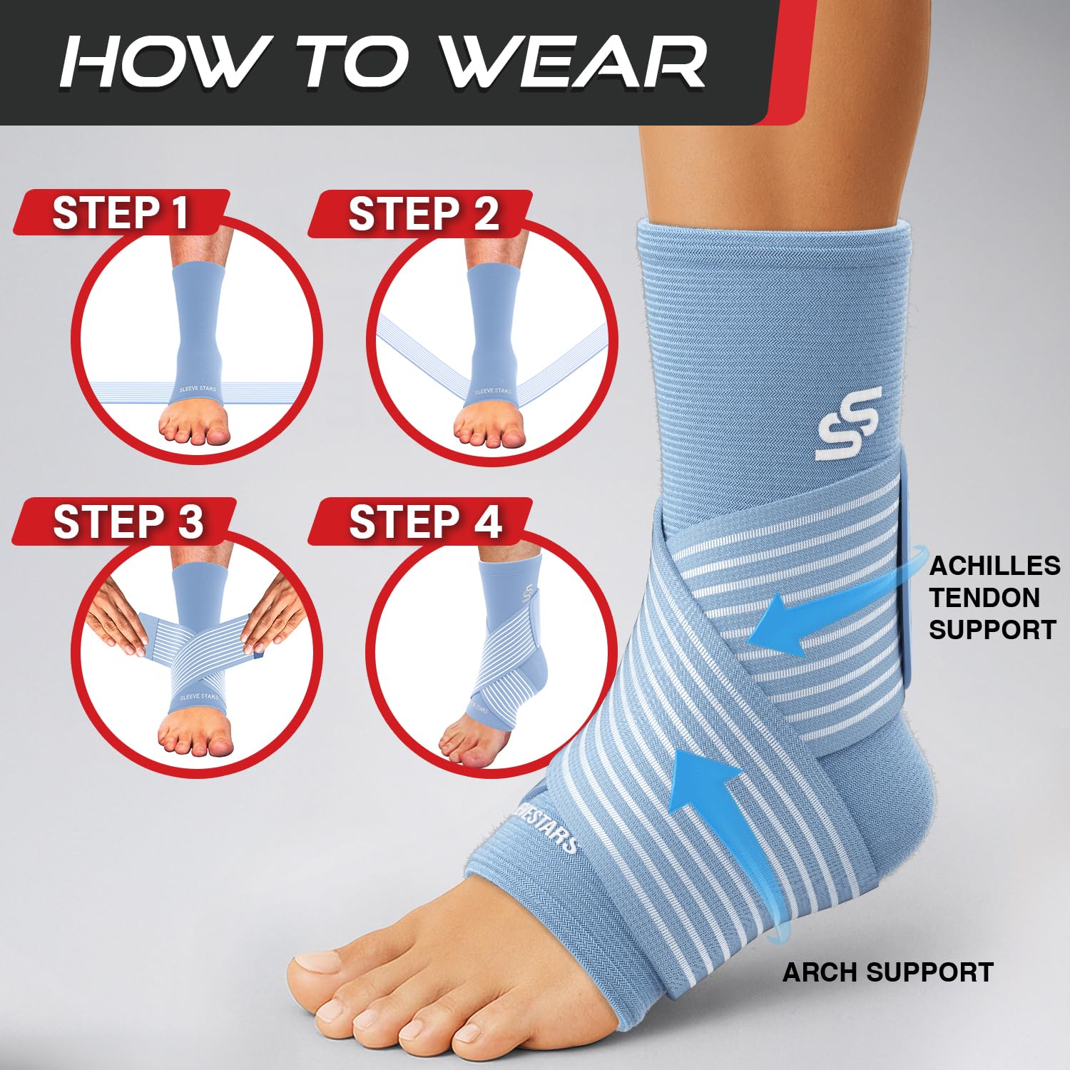 Sleeve Stars Ankle Brace for Women & Men, Ankle Wrap for Sprained Ankle, Compression Sleeve for Plantar Fasciitis Relief, Easy Customizable Support: w/Removable Strap (Single/S:9"-10"/Light Blue) - Image 7