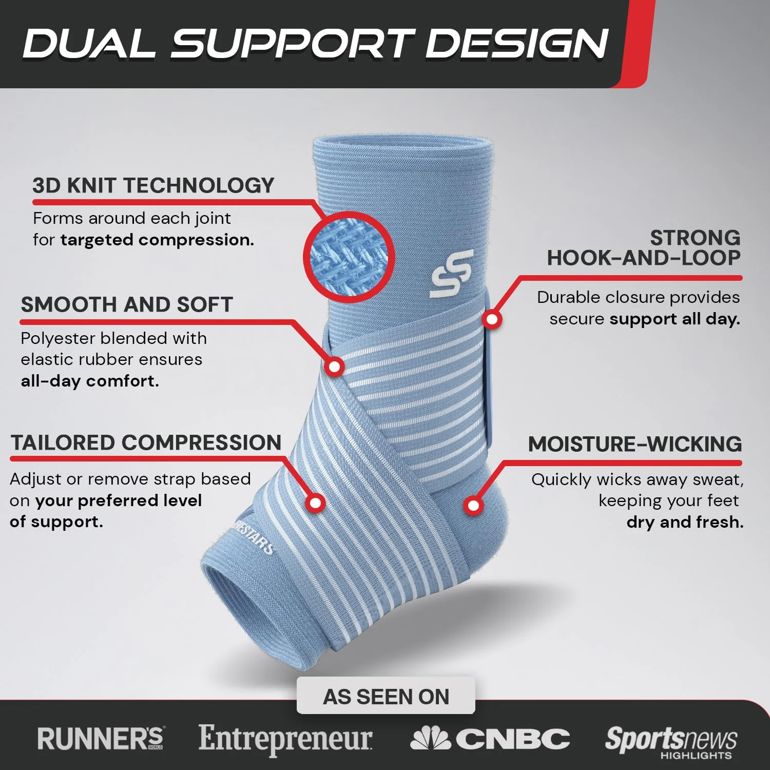 Sleeve Stars Ankle Brace for Women & Men, Ankle Wrap for Sprained Ankle, Compression Sleeve for Plantar Fasciitis Relief, Easy Customizable Support: w/Removable Strap (Single/S:9"-10"/Light Blue) - Image 8