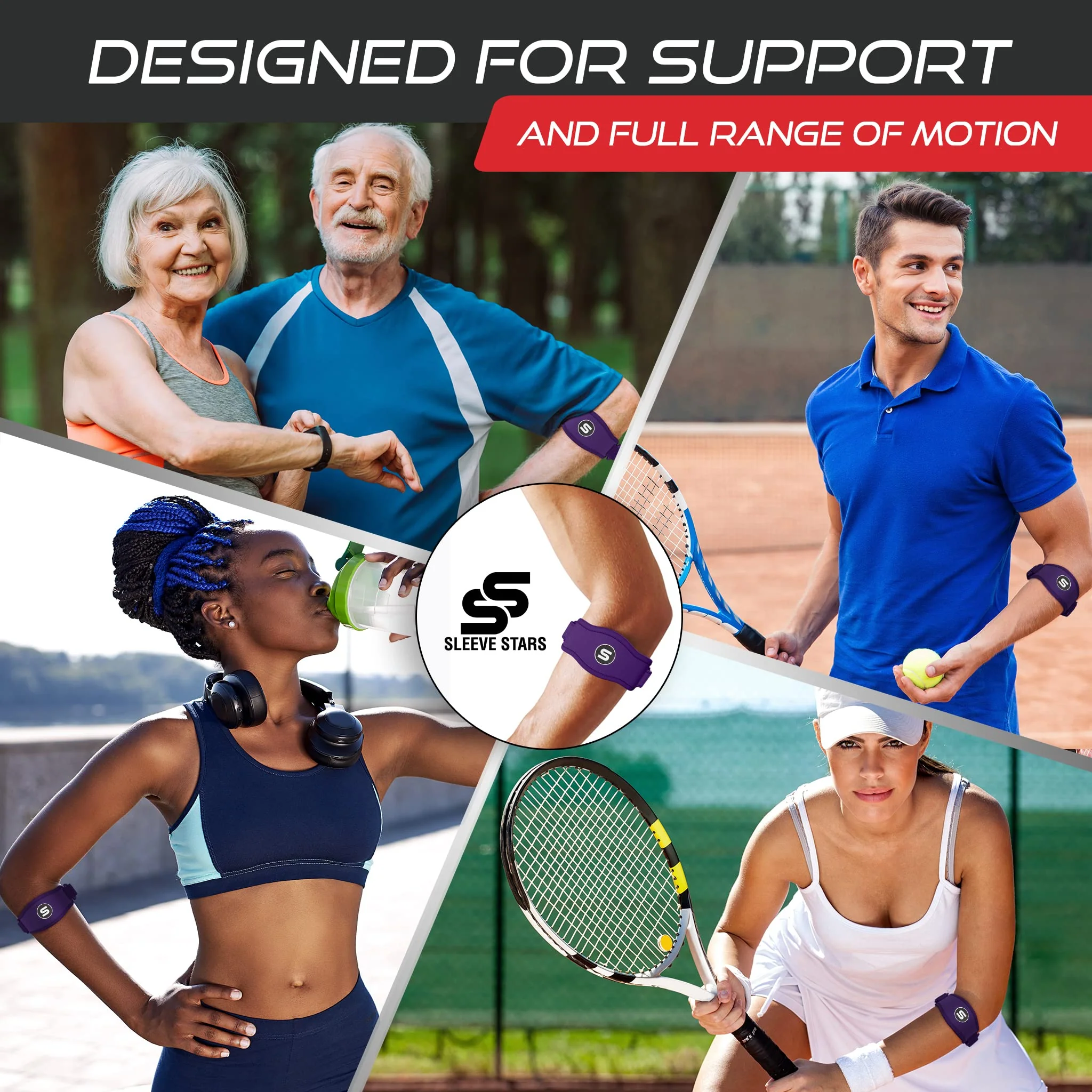 Sleeve Stars Tennis Elbow Brace for Men & Women, Tendonitis Elbow Brace & Strap Golfers Elbow Brace Counterforce Band for Tendon Pain Relief & Support for Forearm w/ 3 Straps Fits 9-23" (Single) (1, Dark Purple, One Size) - Image 4