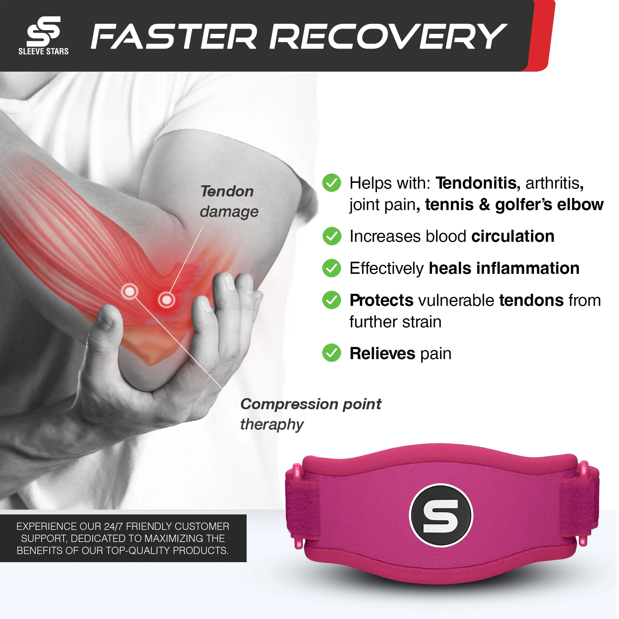 Sleeve Stars Tennis Elbow Brace for Men & Women, Tendonitis Elbow Brace & Strap Golfers Elbow Brace Counterforce Band for Tendon Pain Relief & Support for Forearm w/ 3 Straps Fits 9-23" (Single) (1, Hot Pink, One Size) - Image 8