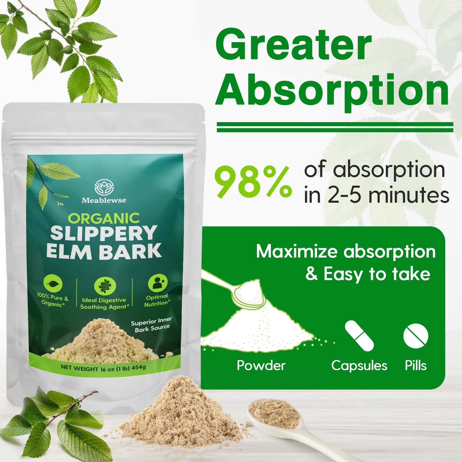 Slippery Elm, Natural Herbs Slippery Elm Powder for Soothing Throat* & Digestive, Diarrhea, PH Balance, Gut Health - with Superior Inner Bark Source, 100% Pure & Vegan, Non-GMO, 1lb (349 Servings) - Image 3