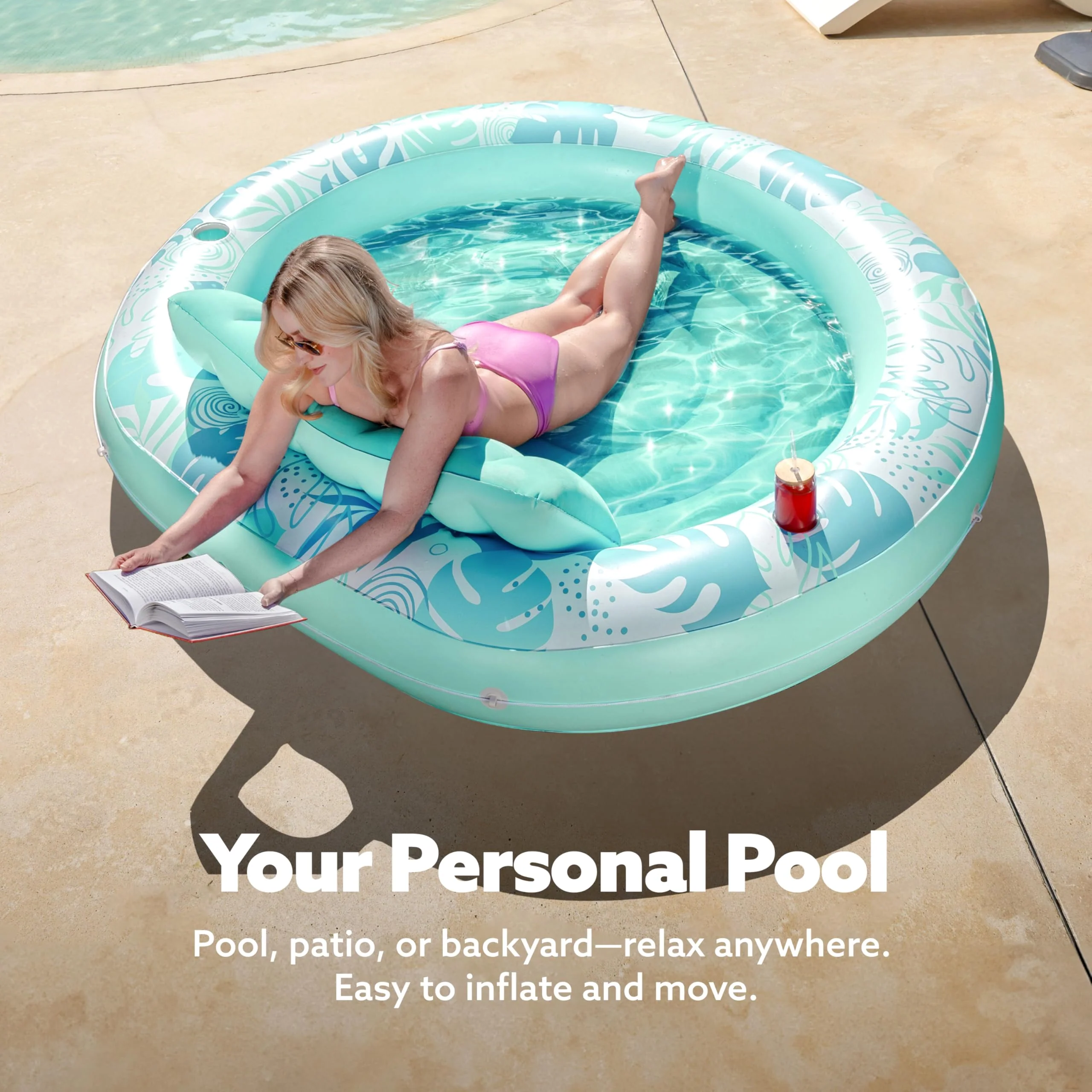 SLOOSH Inflatable Tanning Pool Lounger Float,72" x 65" Pool Floats Adult with Pillow,Luxury Fabric Large Suntan Tub Raft Floatie,Sunbathing Bed Lounge for Water Blow Up Kids Ball Pit Party Gifts,Cyan - Image 5