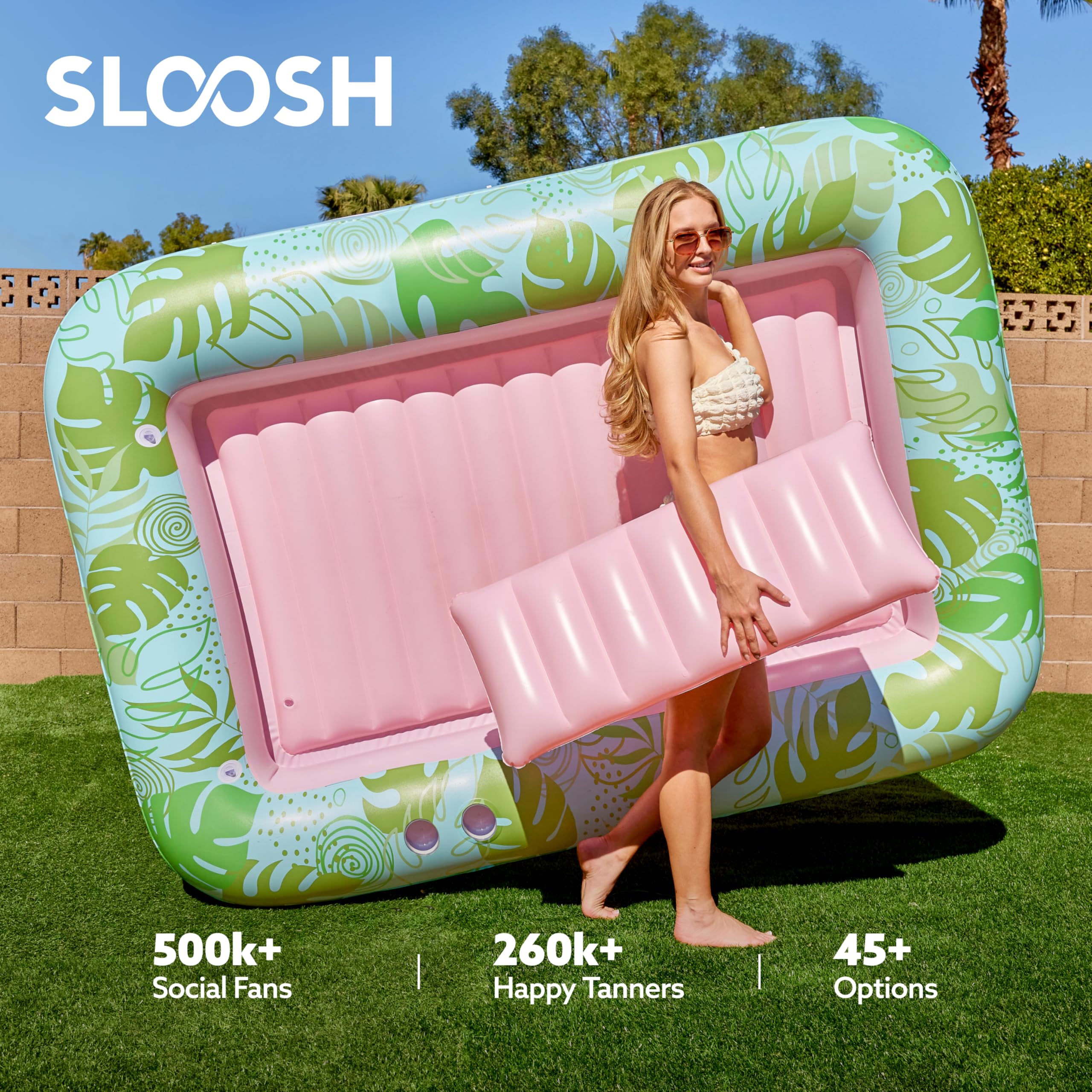 SLOOSH Inflatable Tanning Pool Lounger Float, 85" x 57" Extra Large Pool Floats Adult with Pillow, 4 in 1 Suntan Tub Raft Floatie,Sunbathing Bed Lounge for Water Blow Up Ball Pit, XL-Cyan Pink - Image 3