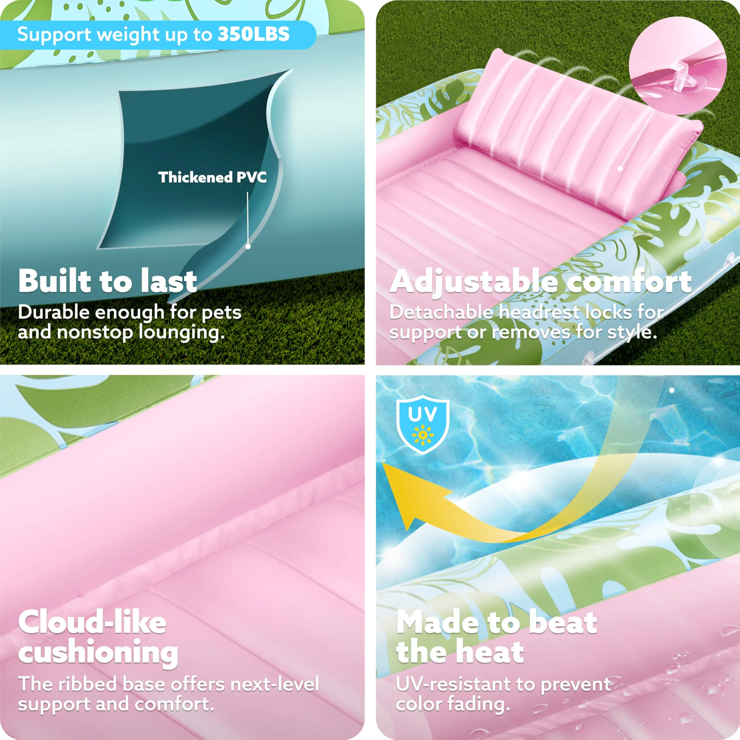 SLOOSH Inflatable Tanning Pool Lounger Float, 85" x 57" Extra Large Pool Floats Adult with Pillow, 4 in 1 Suntan Tub Raft Floatie,Sunbathing Bed Lounge for Water Blow Up Ball Pit, XL-Cyan Pink - Image 4