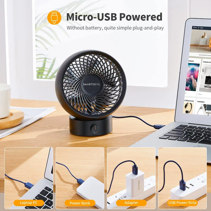 SmartDevil USB Fan, Mini Fan, Small Quiet Table Fan, Stepless Speed 20° Adjustment, USB Desk Fan, Low Noise, USB Fan Easy to Carry, for Office, Home (Black) - Image 6