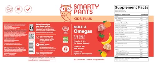 SmartyPants Kids Multivitamin Gummies - Improved Formula: Omega 3 (DHA/EPA), Vitamins D3, C, B12, B6, Vitamin A, K & Zinc, Gluten Free, Three Fruit Flavors, 80 Count (40 Day Supply) - Image 2
