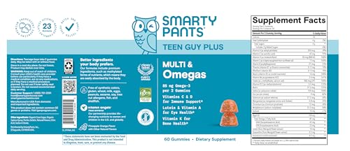 SmartyPants Teen Guy Multivitamin Gummies - Improved Formula: Omega 3 (DHA/EPA), Vitamin D3, C, Vitamin B12, B6, A, K & Zinc, Folate, Gluten Free, Fruit Flavor, 60 Count (30 Day Supply) - Image 2