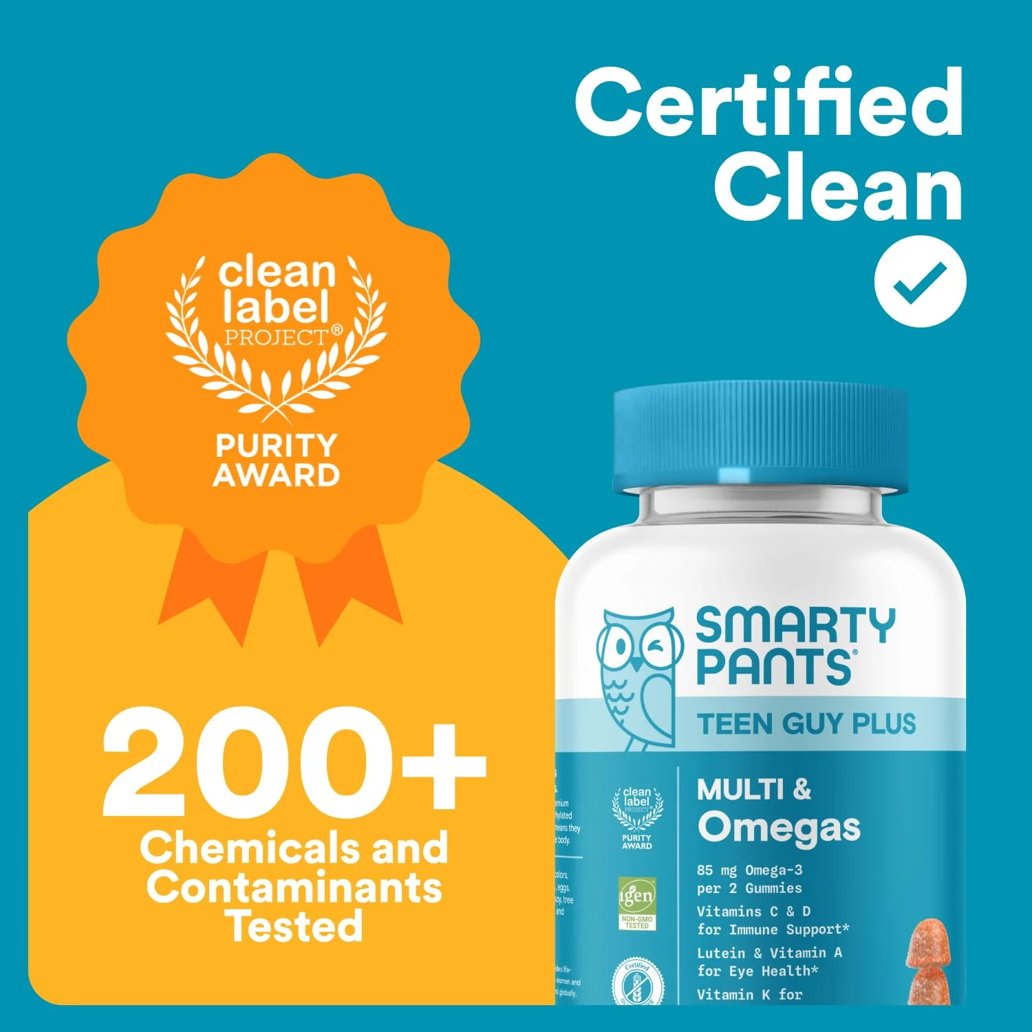 SmartyPants Teen Guy Multivitamin Gummies - Improved Formula: Omega 3 (DHA/EPA), Vitamin D3, C, Vitamin B12, B6, A, K & Zinc, Folate, Gluten Free, Fruit Flavor, 60 Count (30 Day Supply) - Image 6
