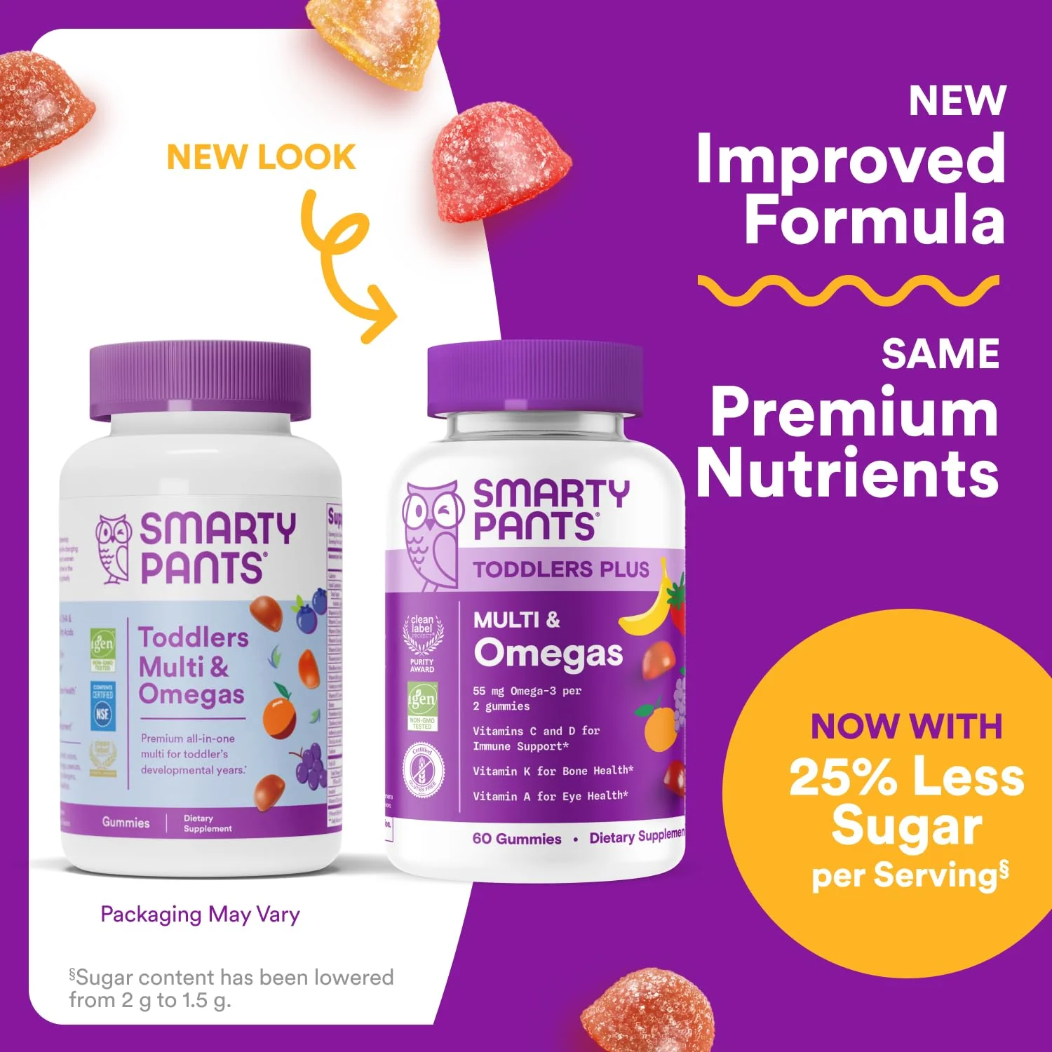 SmartyPants Toddler Multivitamin Gummies - Improved Formula: Omega 3 (DHA/EPA), Vitamins D3, C, Vitamin B12, B6, A, K & Zinc, Biotin, Gluten Free, Three Fruit Flavors, 60 Count (30 Day Supply) - Image 14